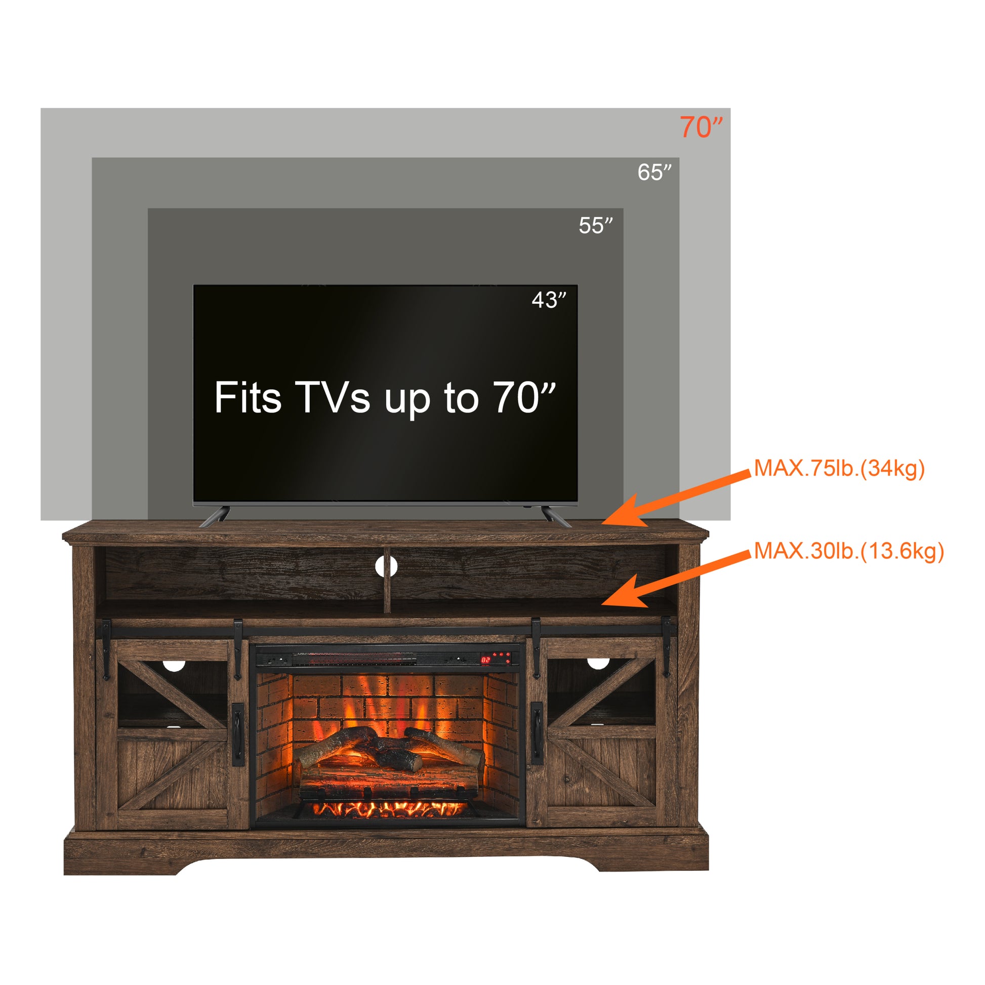 60 Inch Electric Fireplace Entertainment Center With Door Sensor Reclaimed Barnwood Color Powder Coated Electric Reclaimed Barnwood Vent Free Yes Insert Wood Stainless Steel Glass Electric