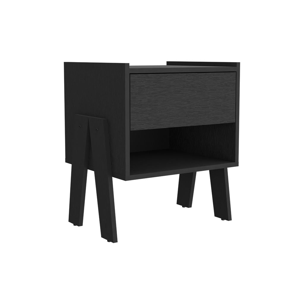 Nightstand Ferku, Open Shelf, One Drawer, Black Wengue Finish Black Particle Board