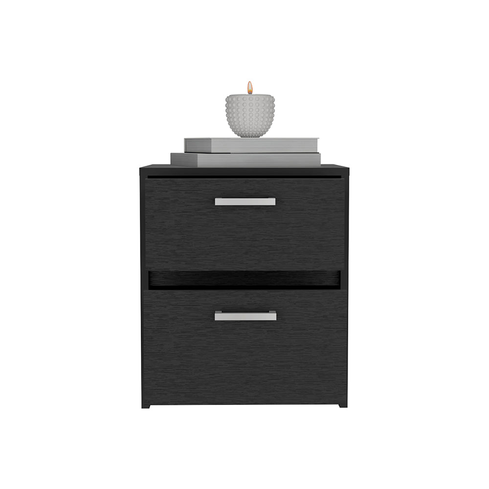 Nightstand Chequered, Two Drawers, Black Wengue Finish Black Particle Board