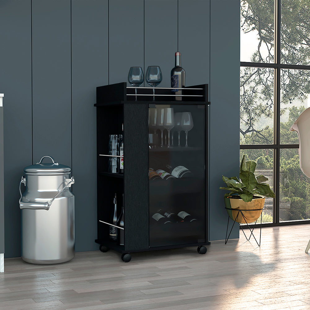 Bar Cart with Two Side Shelves Beaver, Glass Door and black-particle board