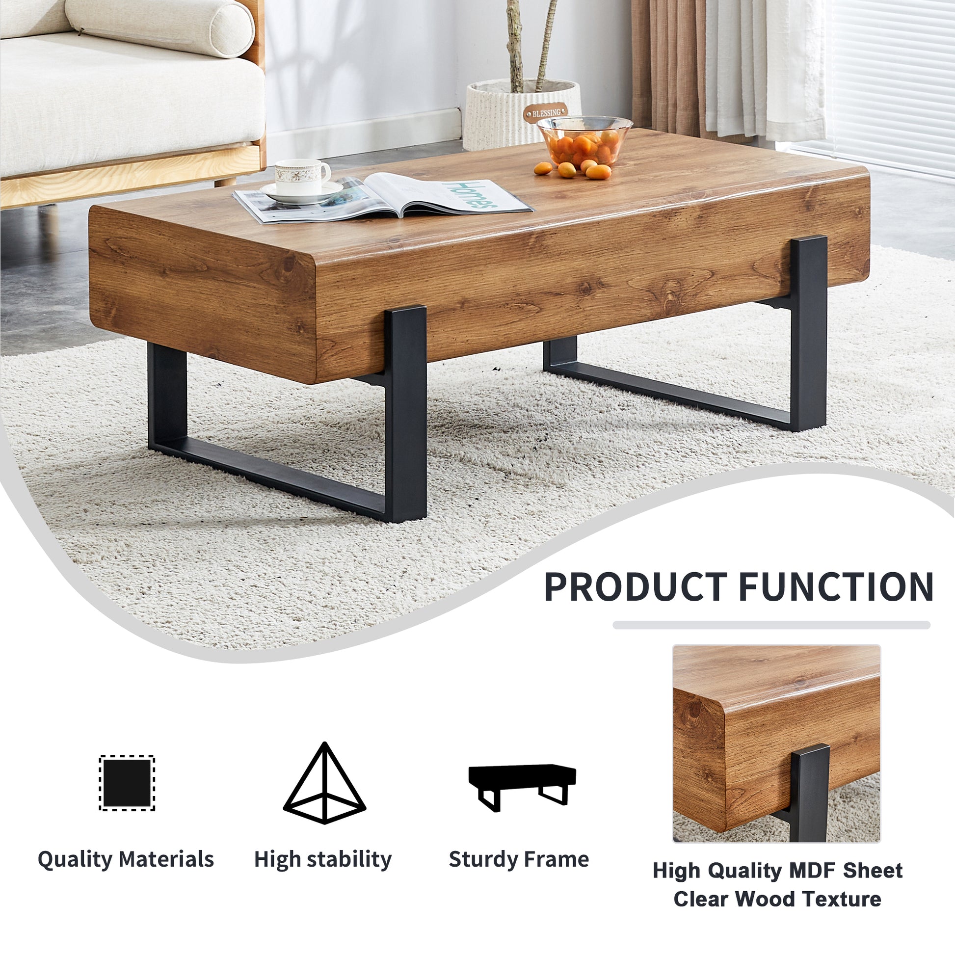 Rustic Mdf Coffee Table With Metal Legs Natural Wood Tone Elegance For Your Space Wood Mdf