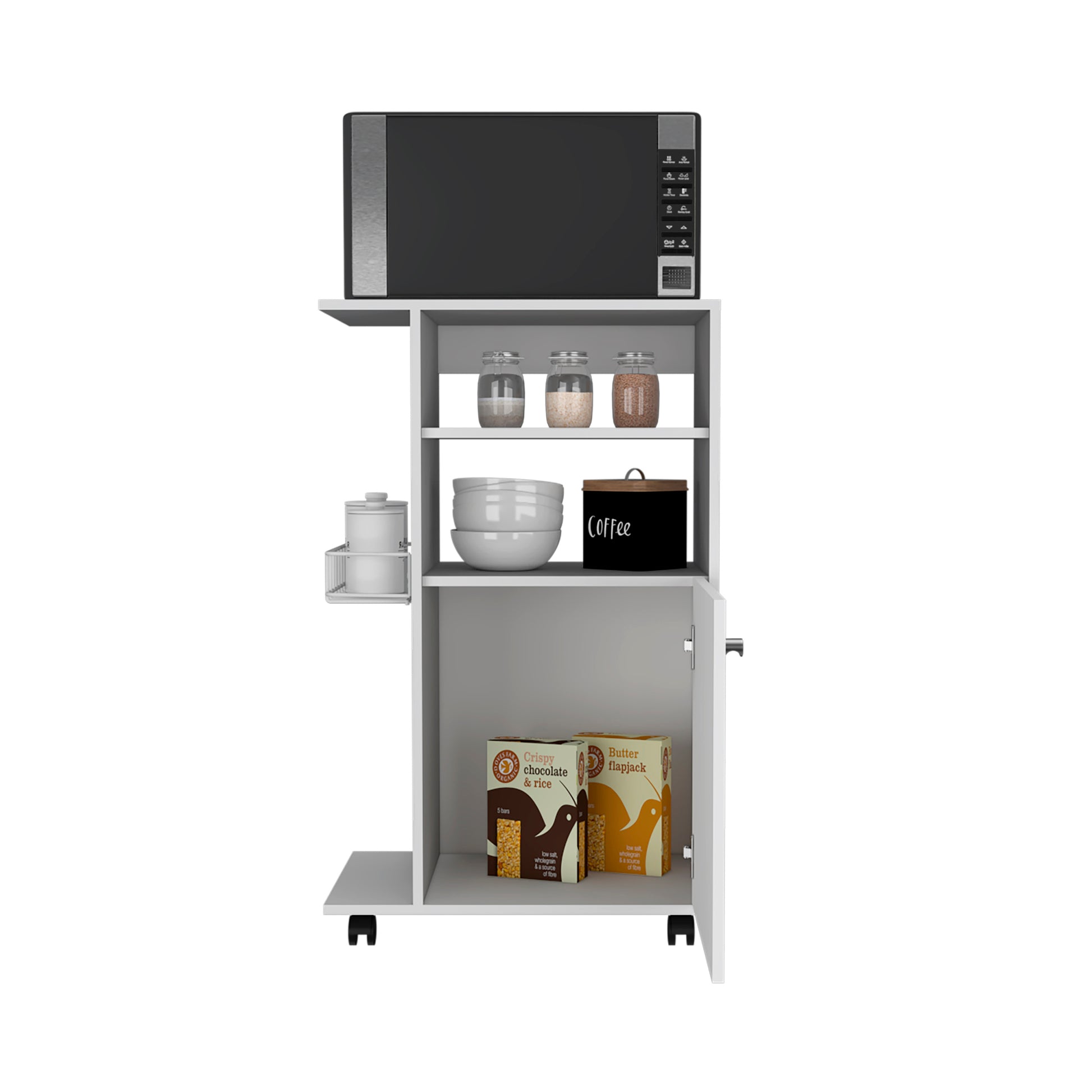 Kitchen Cart Kryot, Single Door Cabinet, Four Casters, White Finish White Particle Board