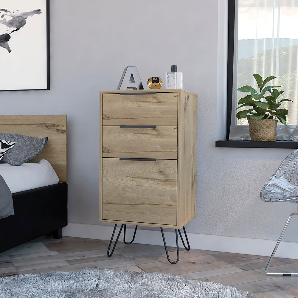 Light Dresser Skyoner, Hairpin Legs, Superior Top,Three Drawers, Light Oak Finish Light Oak Particle Board