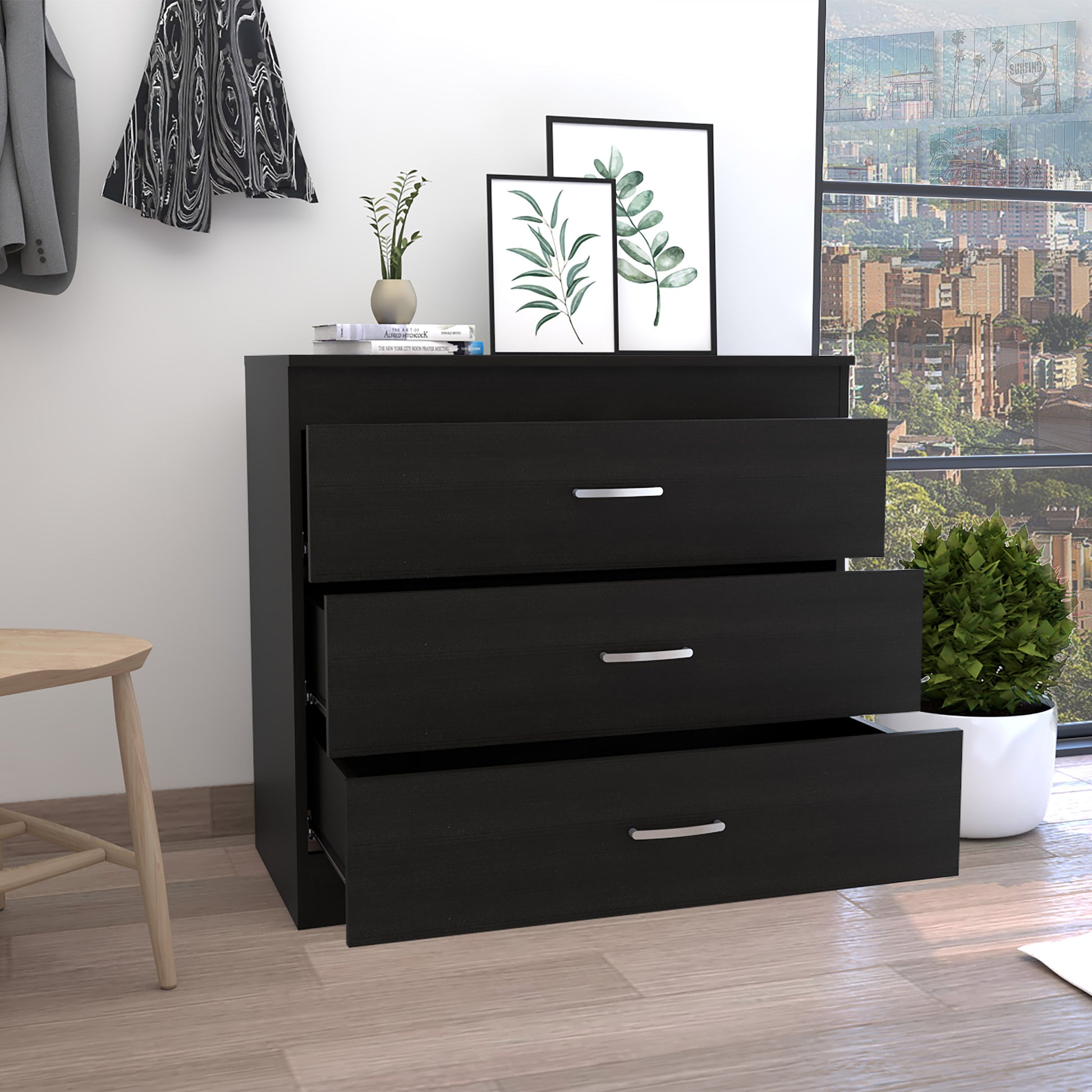 Three Drawer Dresser Lial, Superior Top, Metal Hardware, Black Wengue Finish Black Particle Board