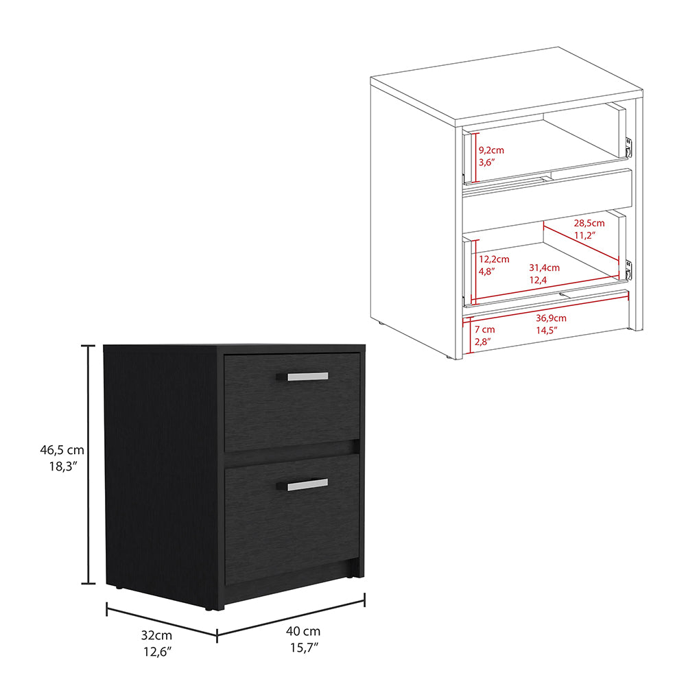 Nightstand Chequered, Two Drawers, Black Wengue Finish Black Particle Board