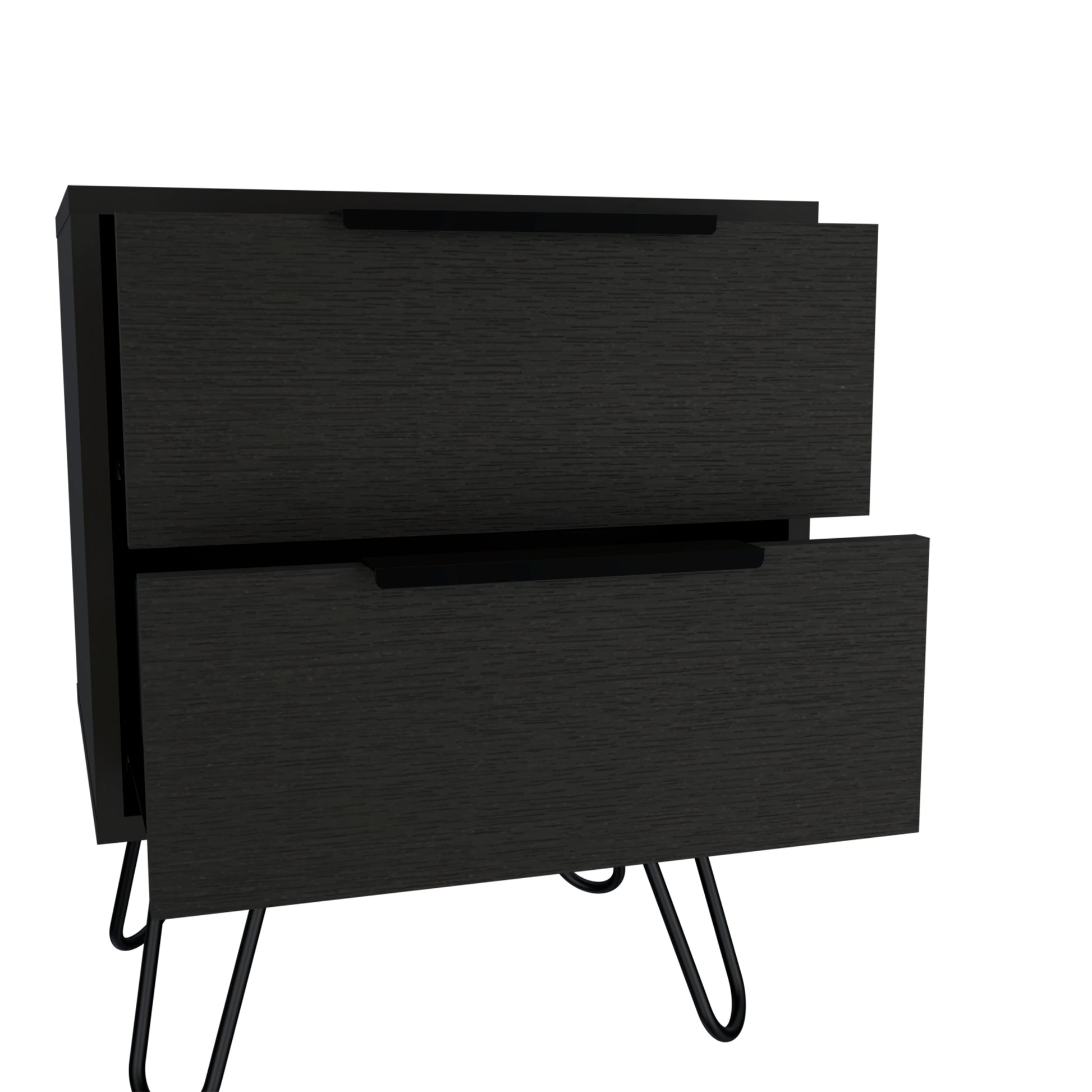 Nightstand Skyoner 2, Harpin Legs, Two Drawers, Black Wengue Finish Black Particle Board