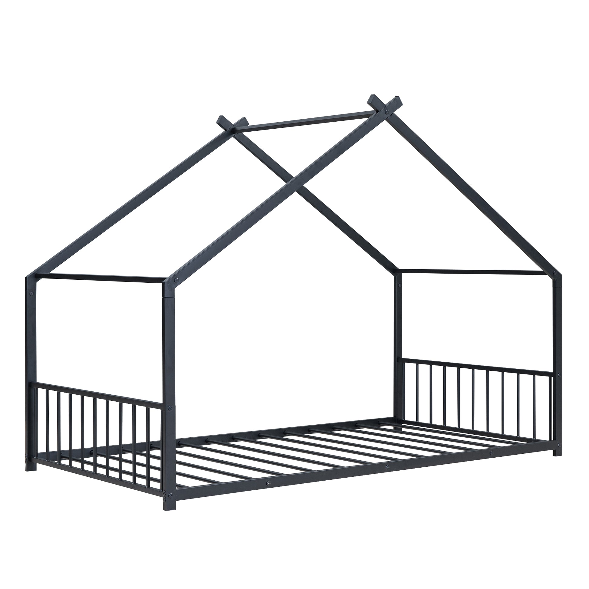 Twin Size Metal House Bed, Black Black Metal