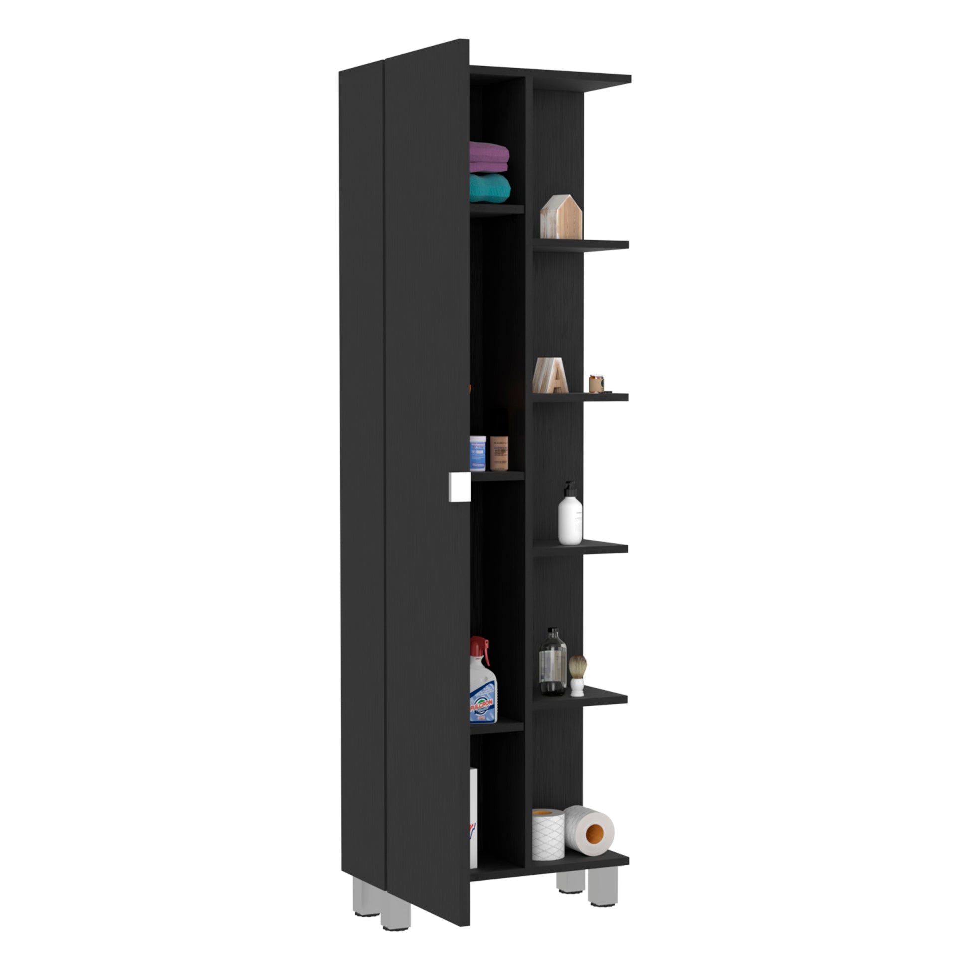 Corner Cabinet Womppi, Five Open Shelves, Single Door, Black Wengue Finish Black Particle Board