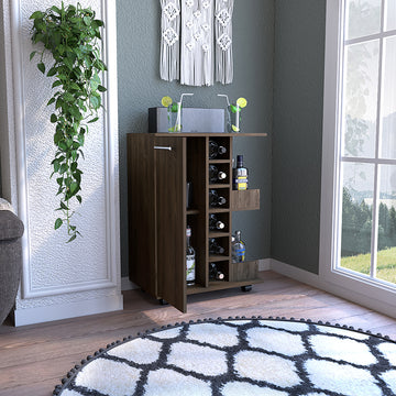 Bar Cart Wells, Four Casters, Dark Walnut Finish Walnut Particle Board