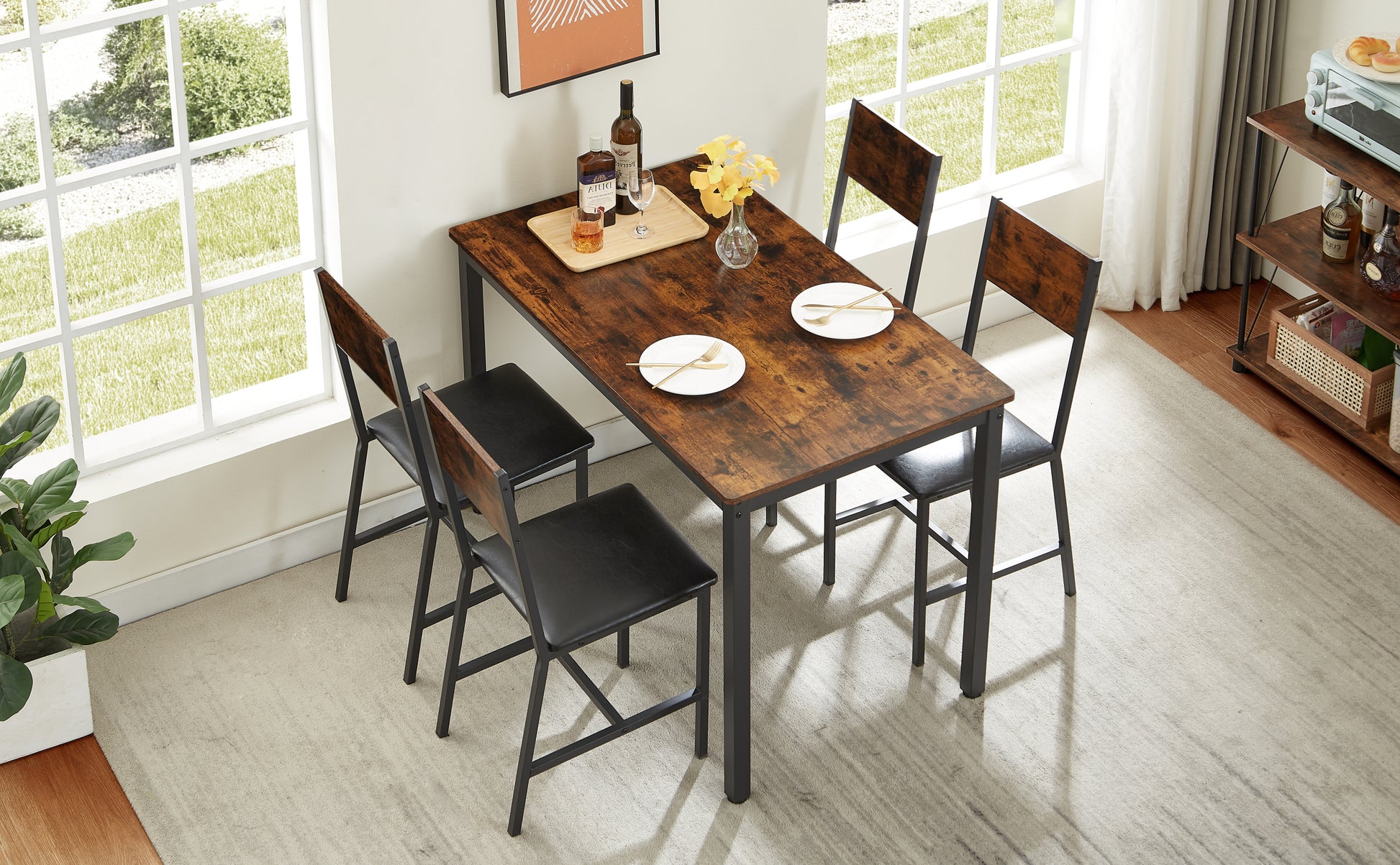 Dining Set For 5 Kitchen Table With 4 Upholstered Chairs, Rustic Brown, 47.2'' L X 27.6'' W X 29.7'' H. Rustic Brown Particle Board