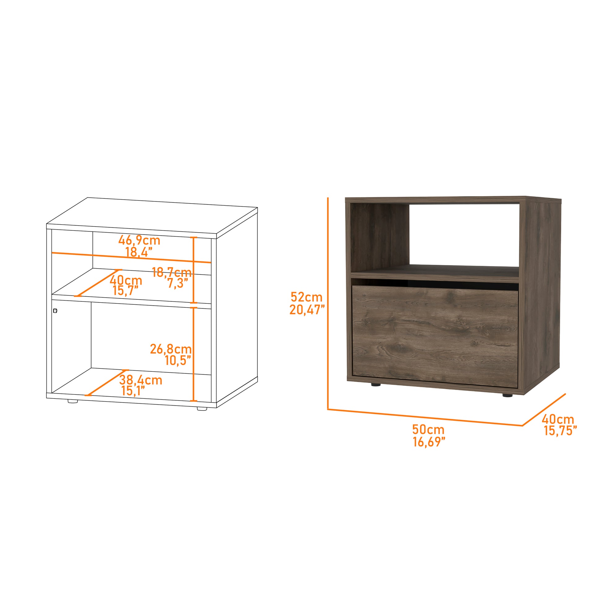 Nightstand Forum, One Open Shelf, One Cabinet, Dark Brown Black Wengue Finish Multicolor Particle Board