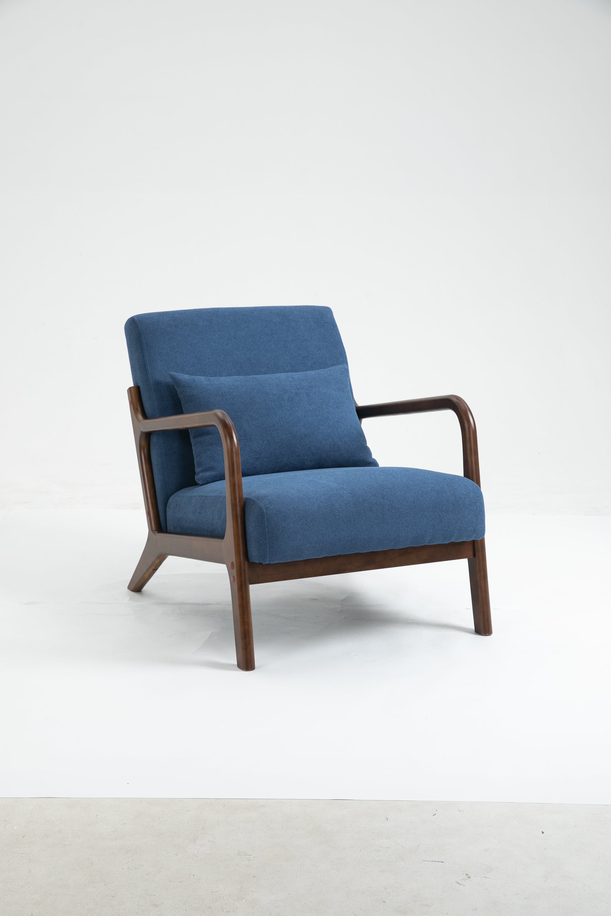 Mid Century Modern Accent Chair With Wood Frame, Upholstered Living Room Chairs With Waist Cushion, Reading Armchair For Bedroom Sunroom Blue Cotton Velvet