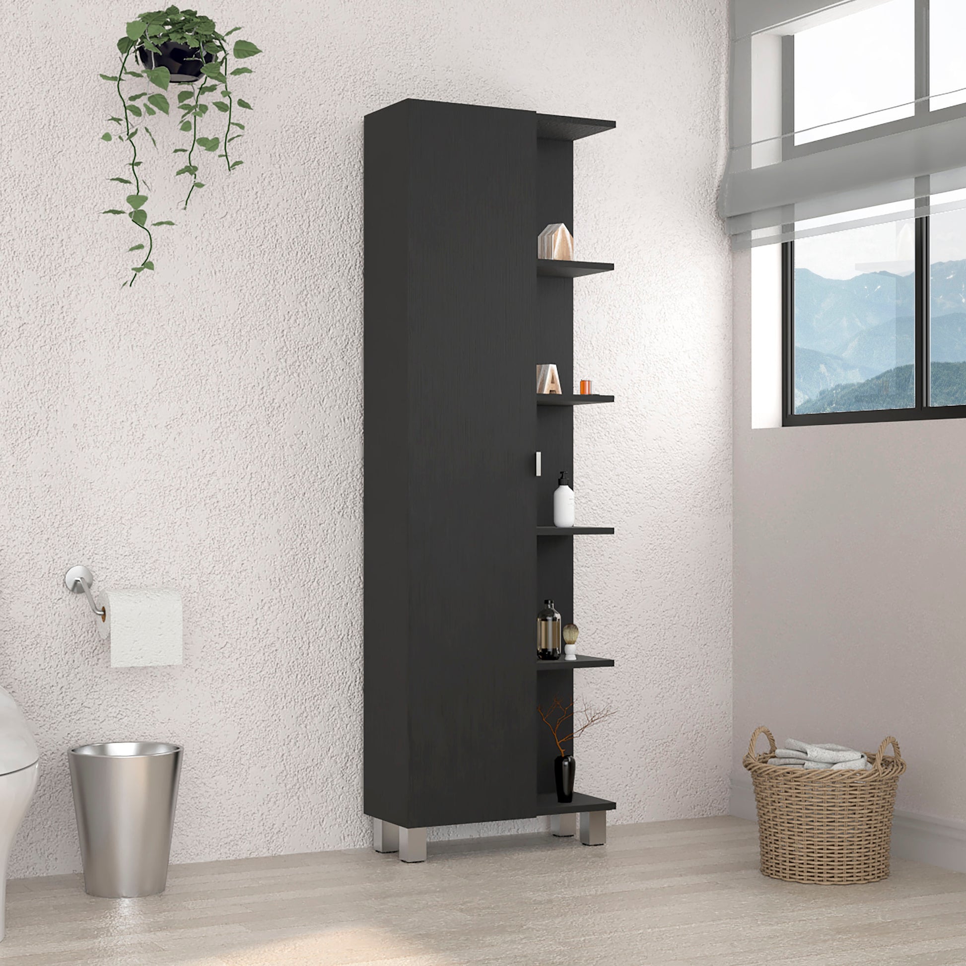 Corner Cabinet Womppi, Five Open Shelves, Single Door, Black Wengue Finish Black Particle Board