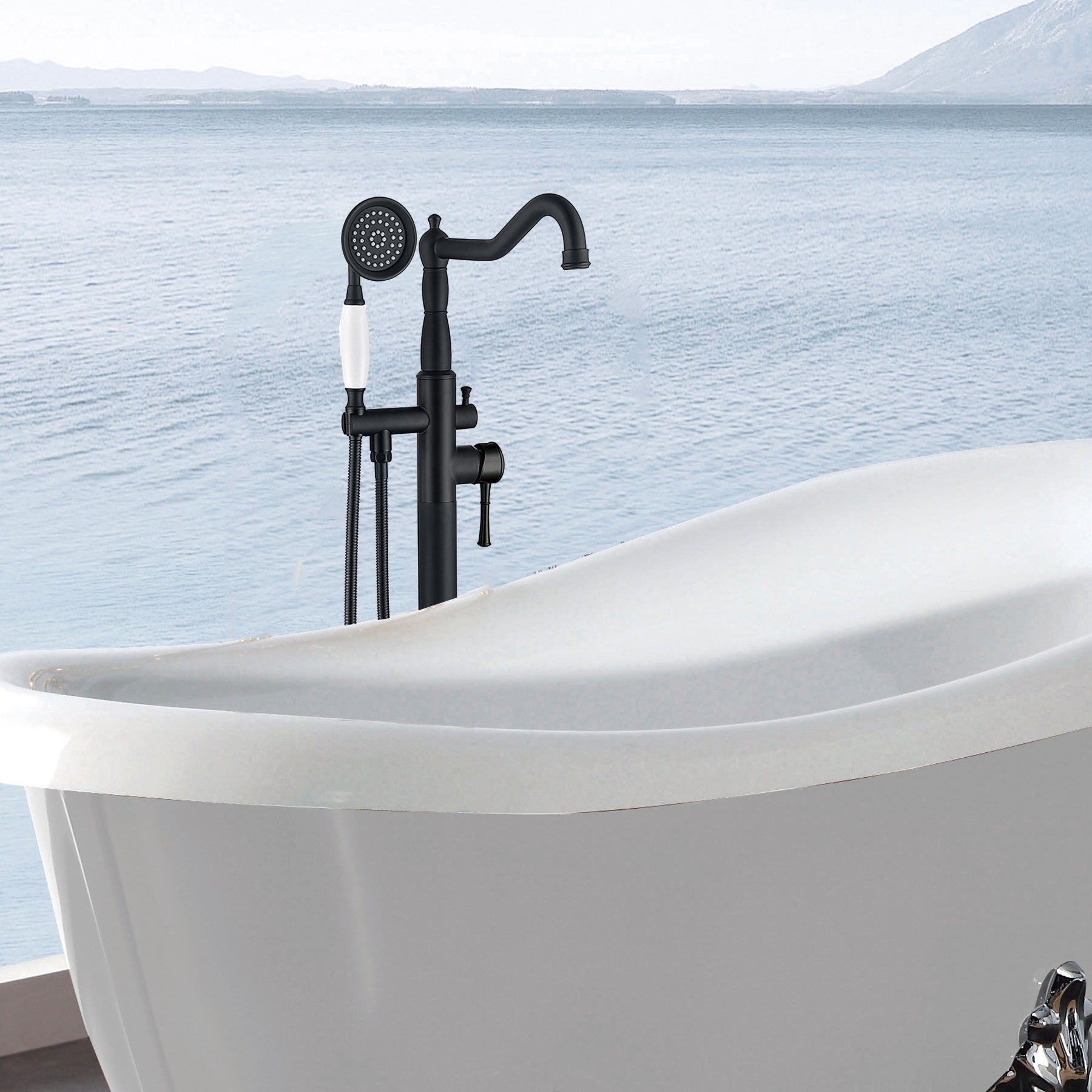 Freestanding Bathtub Faucet With Hand Shower Matte Black Metal