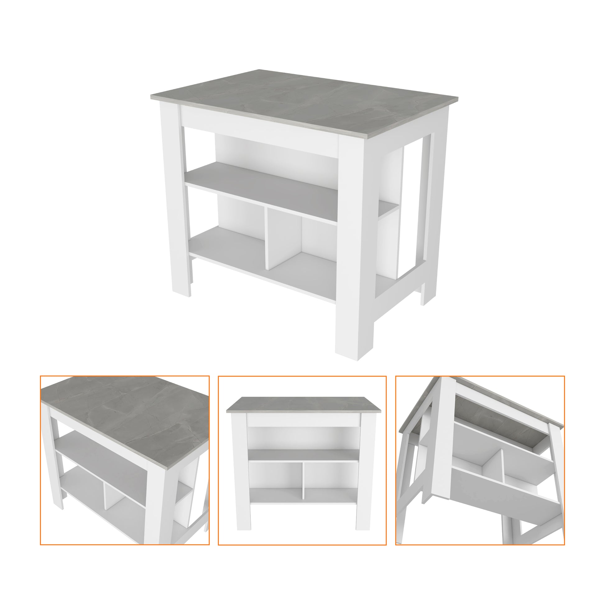 Kitchen Island Dozza, Three Shelves, White Ibiza Marble Color Finish Multicolor Particle Board