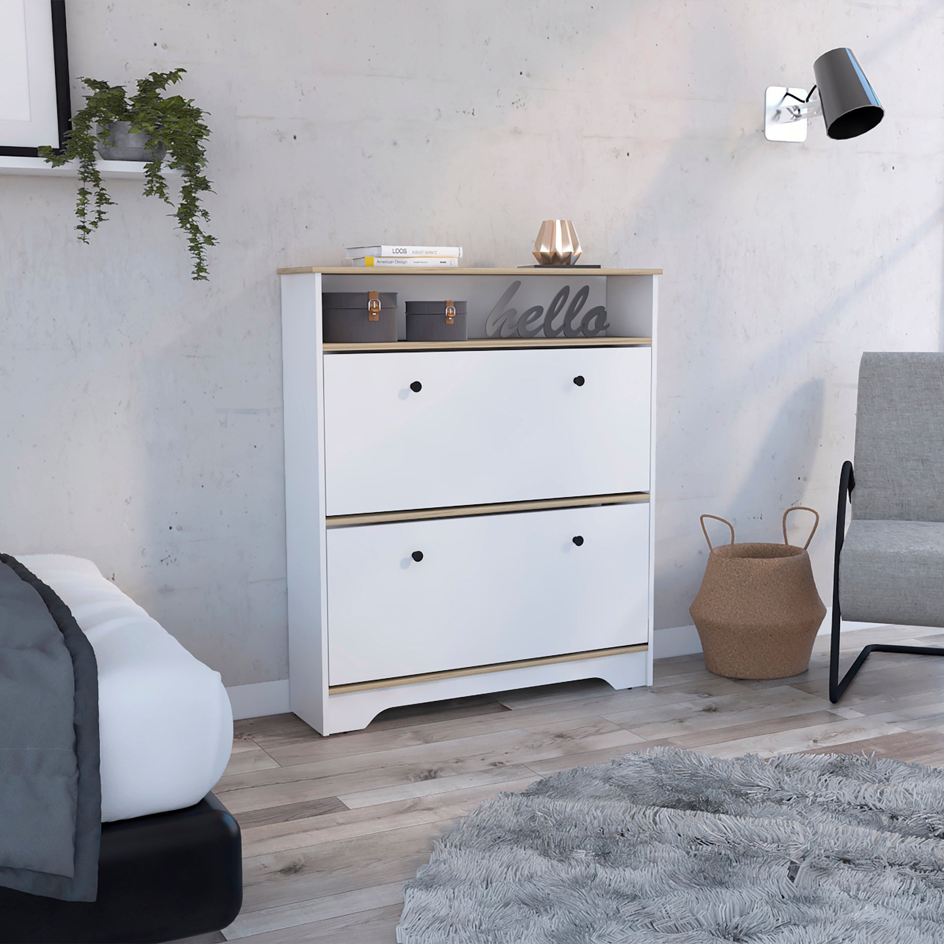 Shoe Rack Dublin, One Open Shelf, Two Extendable Cabinets, Light Oak White Finish Light Oak Particle Board