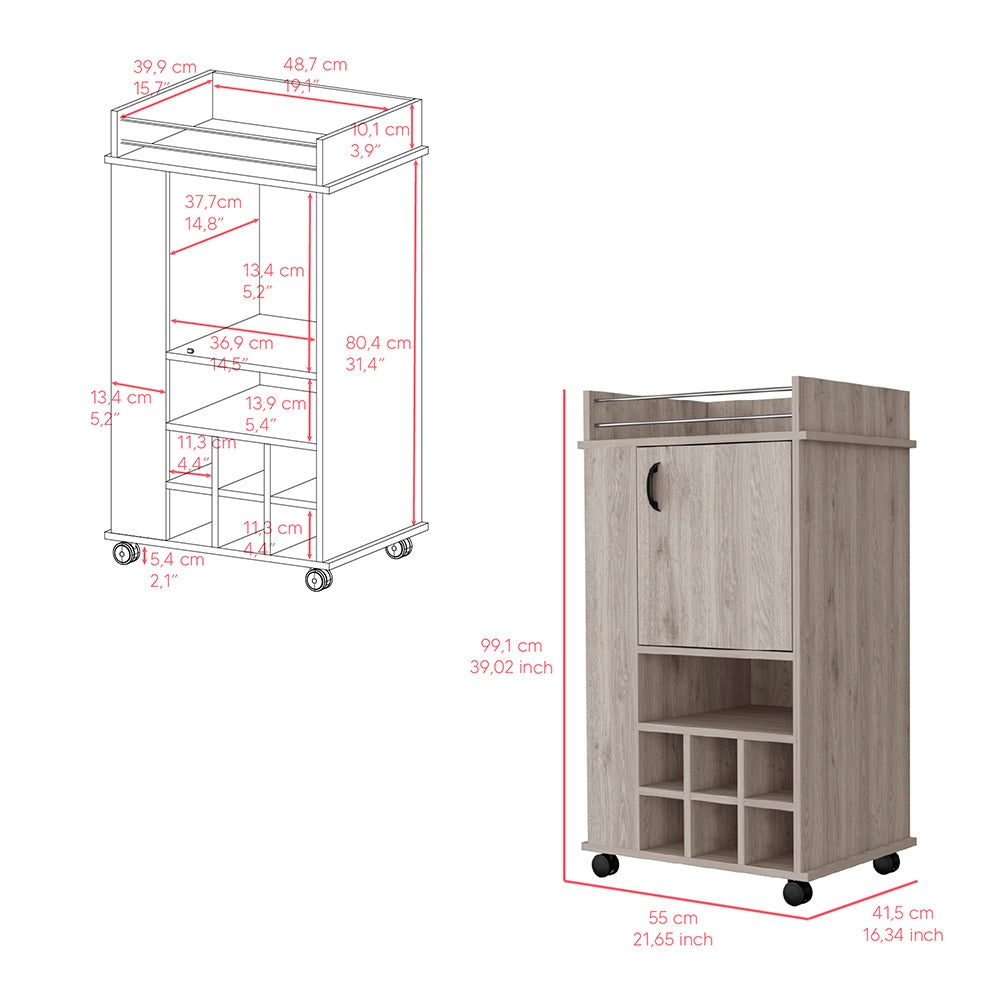 Bar Cart With Casters Reese, Six Wine Cubbies And Single Door, Light Gray Finish Light Gray Particle Board