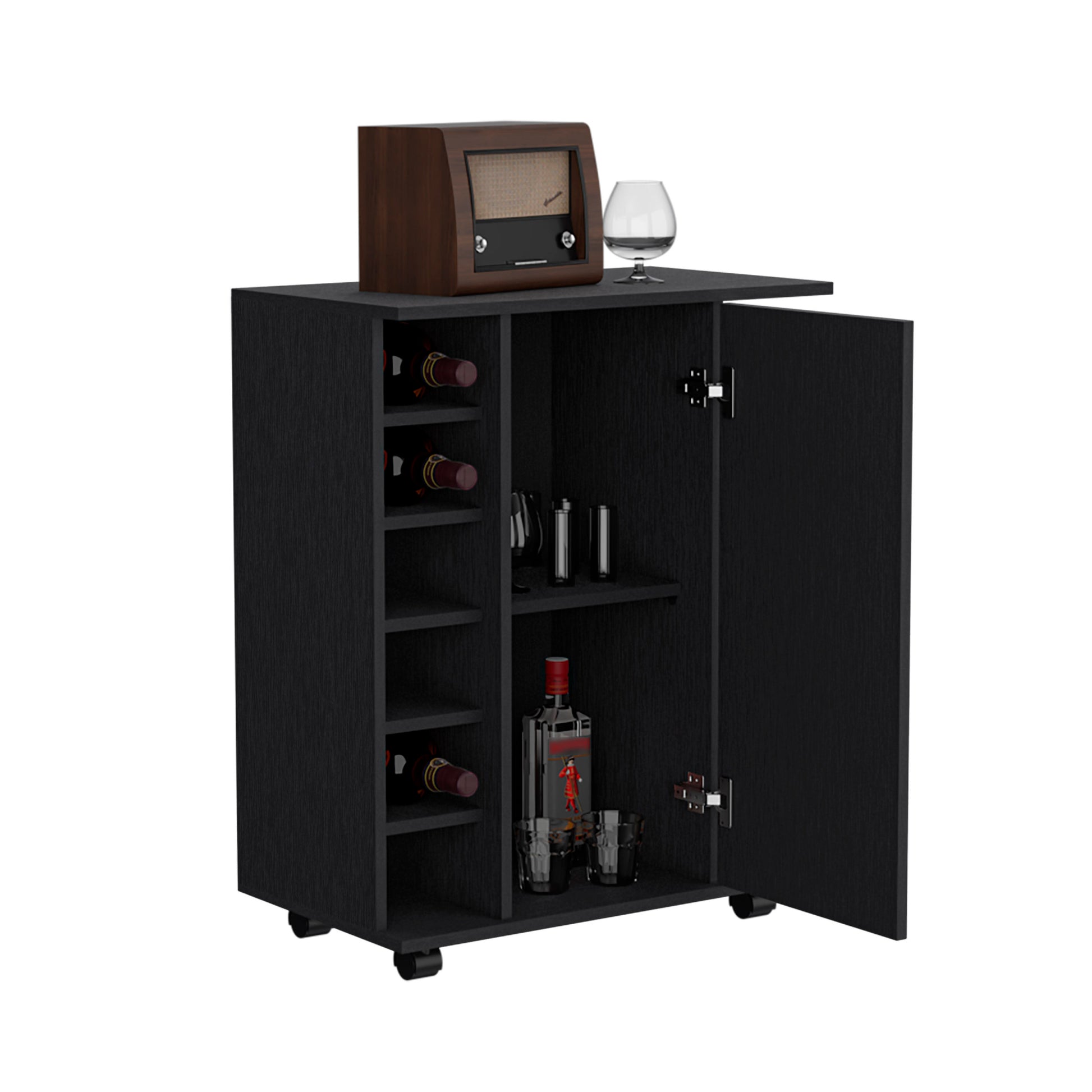 Bar Cart with Six Wine Cubbies Cabot, Two Side Storage black-particle board