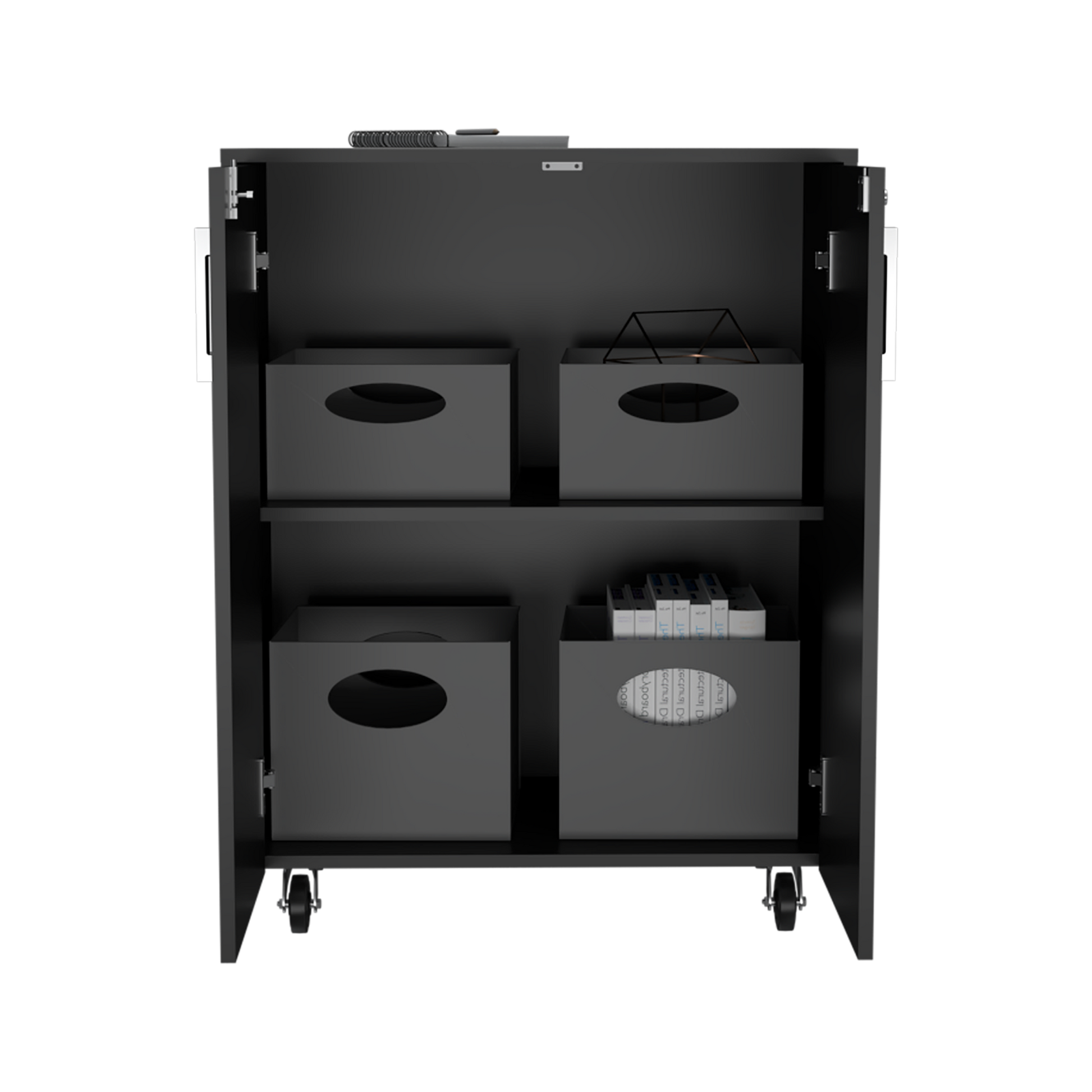 Storage Cabinet Lions, Double Door And Casters, Black Wengue Finish Gray Particle Board