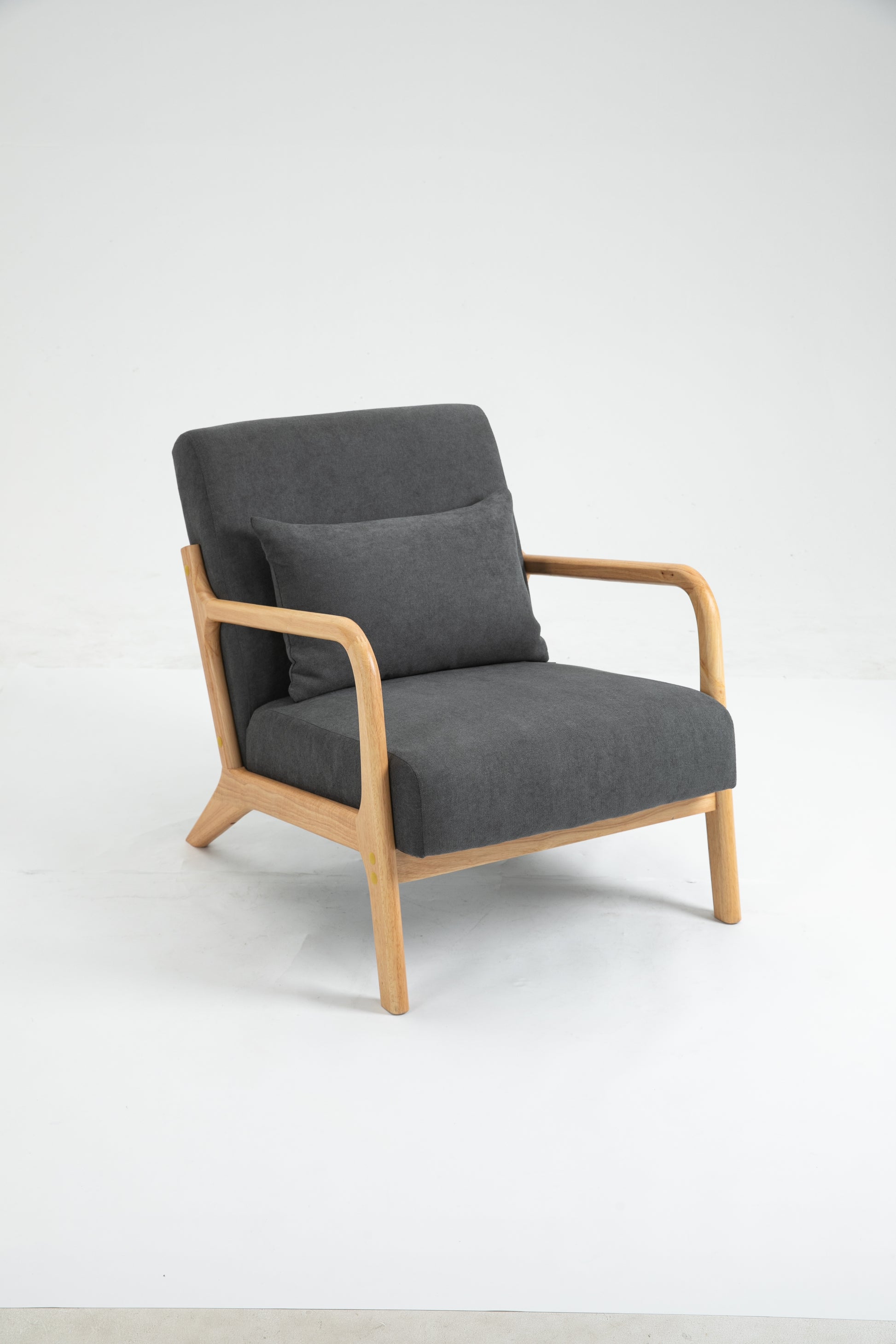 Mid Century Modern Accent Chair With Wood Frame, Upholstered Living Room Chairs With Waist Cushion, Reading Armchair For Bedroom Sunroom White Cotton Velvet