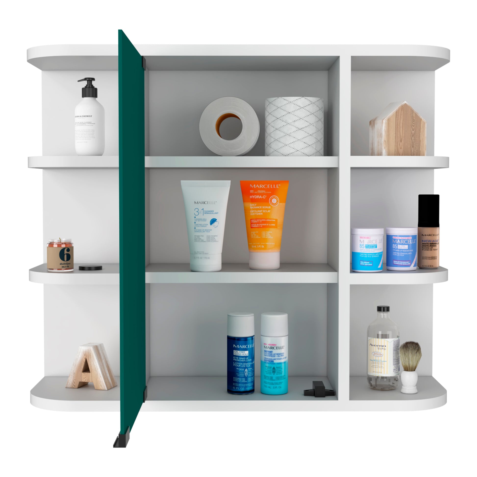 Medicine Cabinet Milano, Six External Shelves Mirror, White Finish White Particle Board