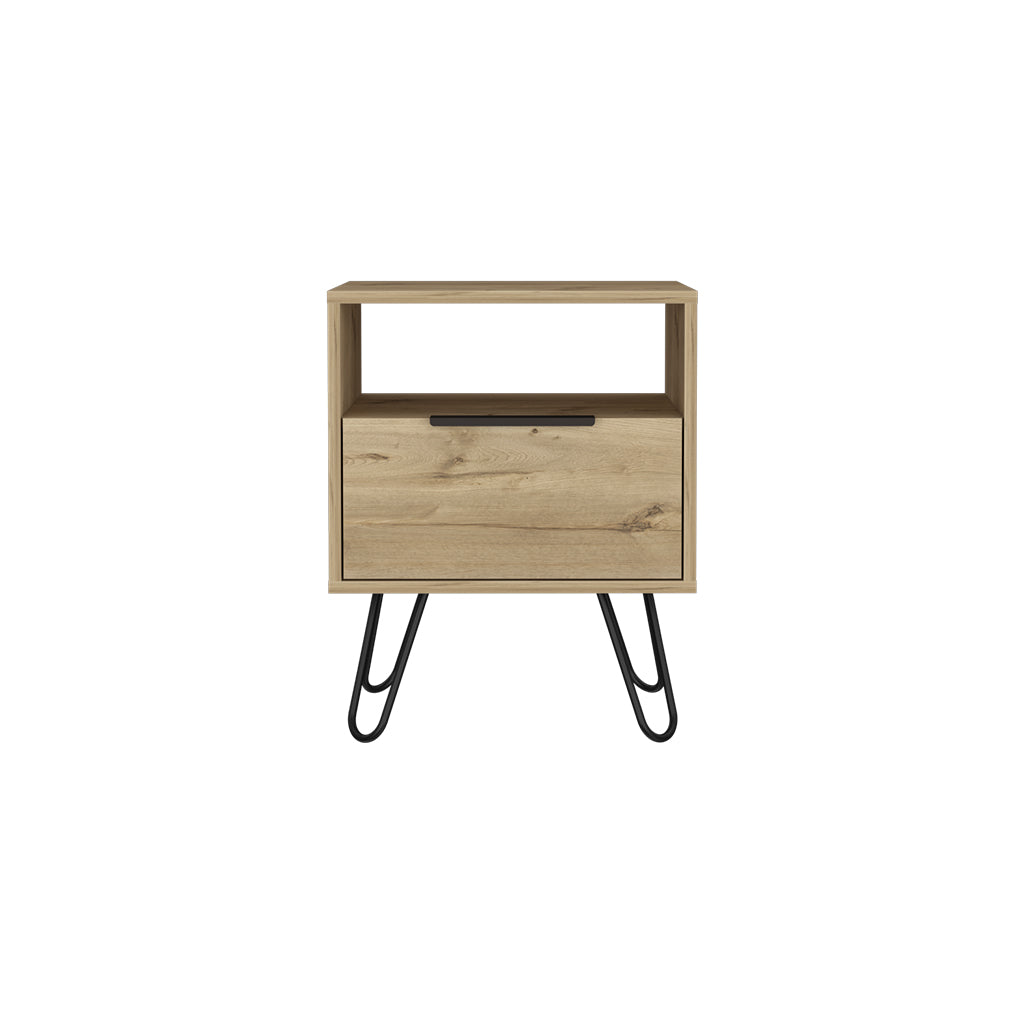 Nightstand Skyoner, Single Drawer, Hairpin Legs, Light Oak Finish Light Oak Particle Board