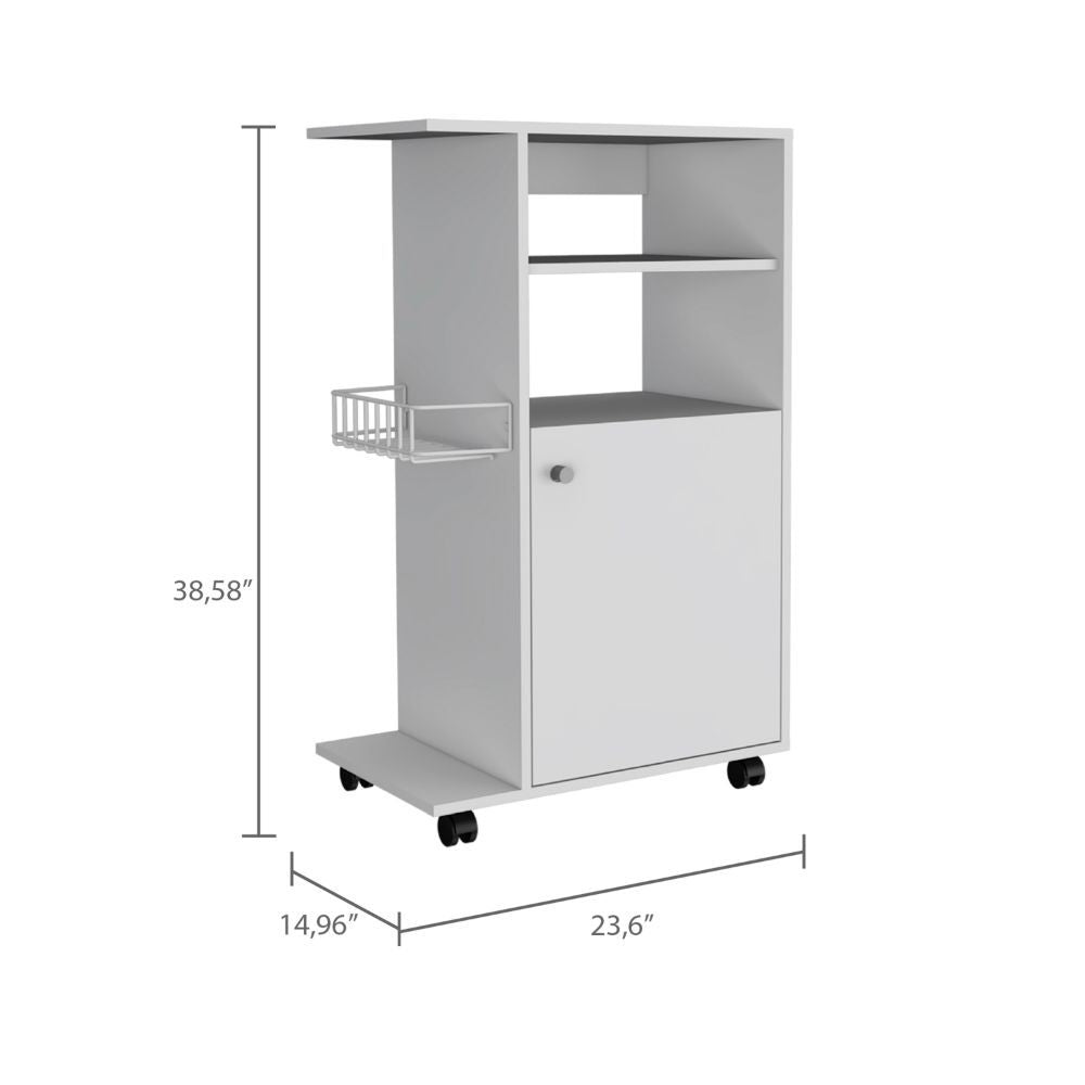 Kitchen Cart Kryot, Single Door Cabinet, Four Casters, White Finish White Particle Board