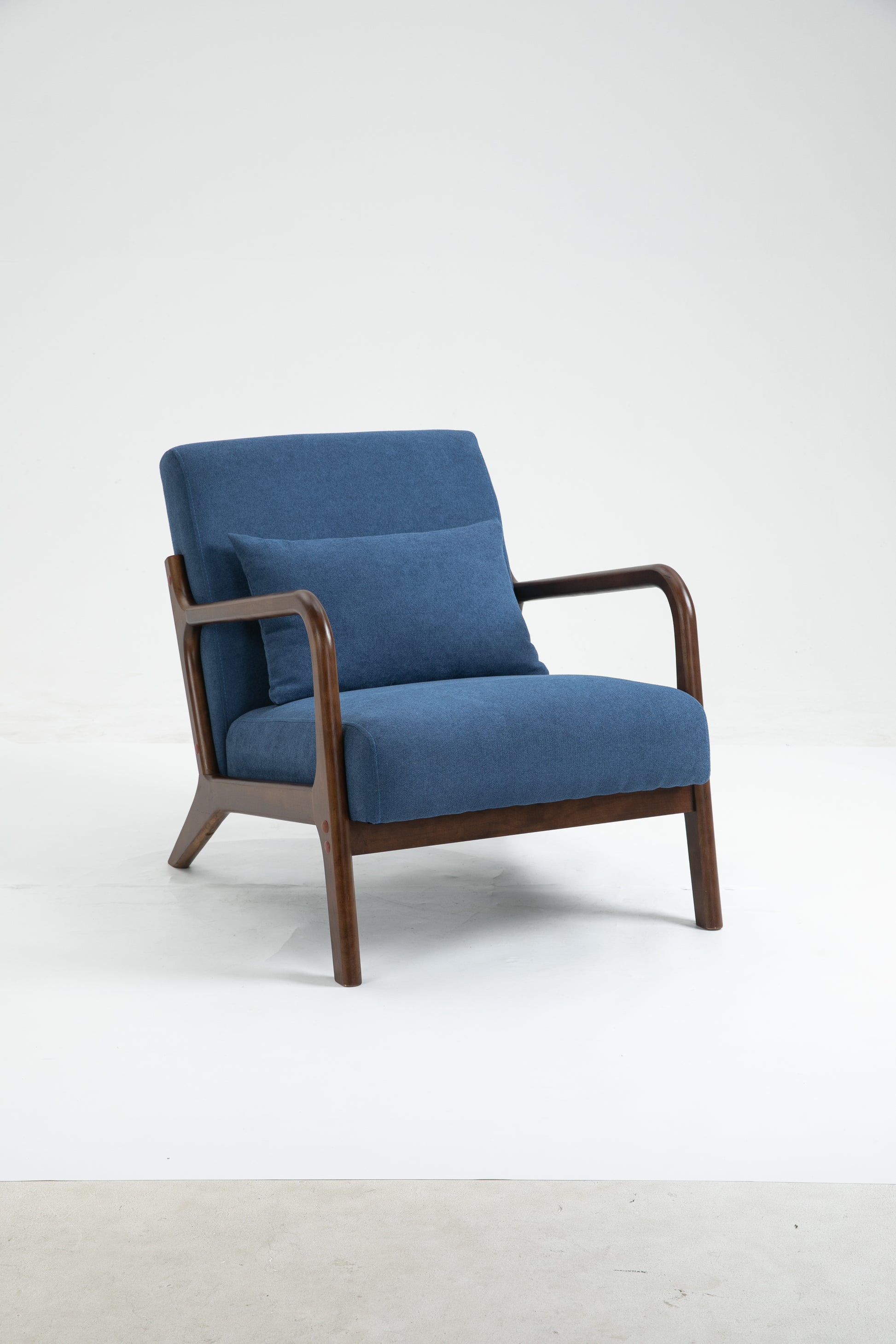 Mid Century Modern Accent Chair With Wood Frame, Upholstered Living Room Chairs With Waist Cushion, Reading Armchair For Bedroom Sunroom Blue Cotton Velvet