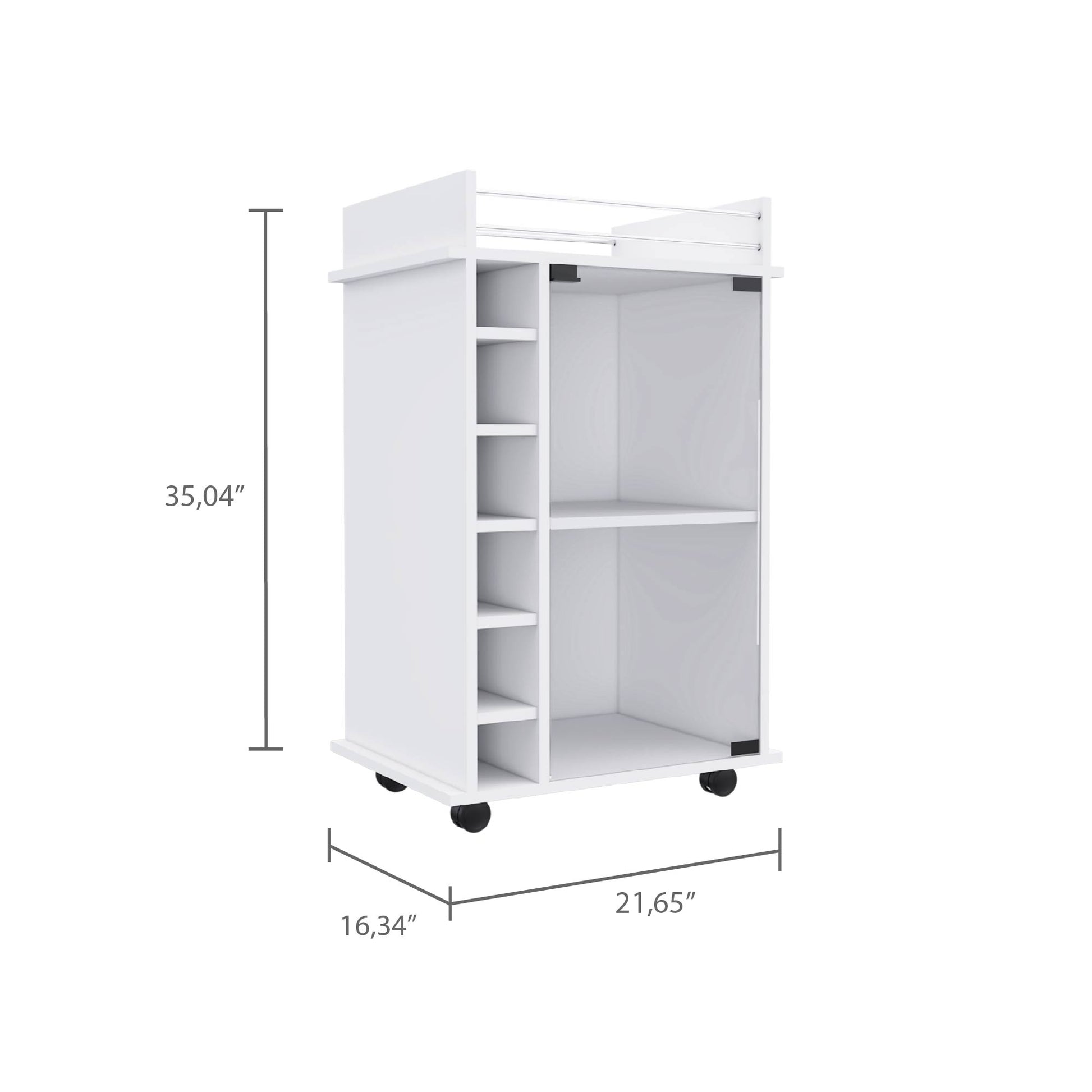 Bar Cart Baltimore, Six Wine Cubbies, Glass Door, Four Caster, Two Shelves, White Finish White Particle Board