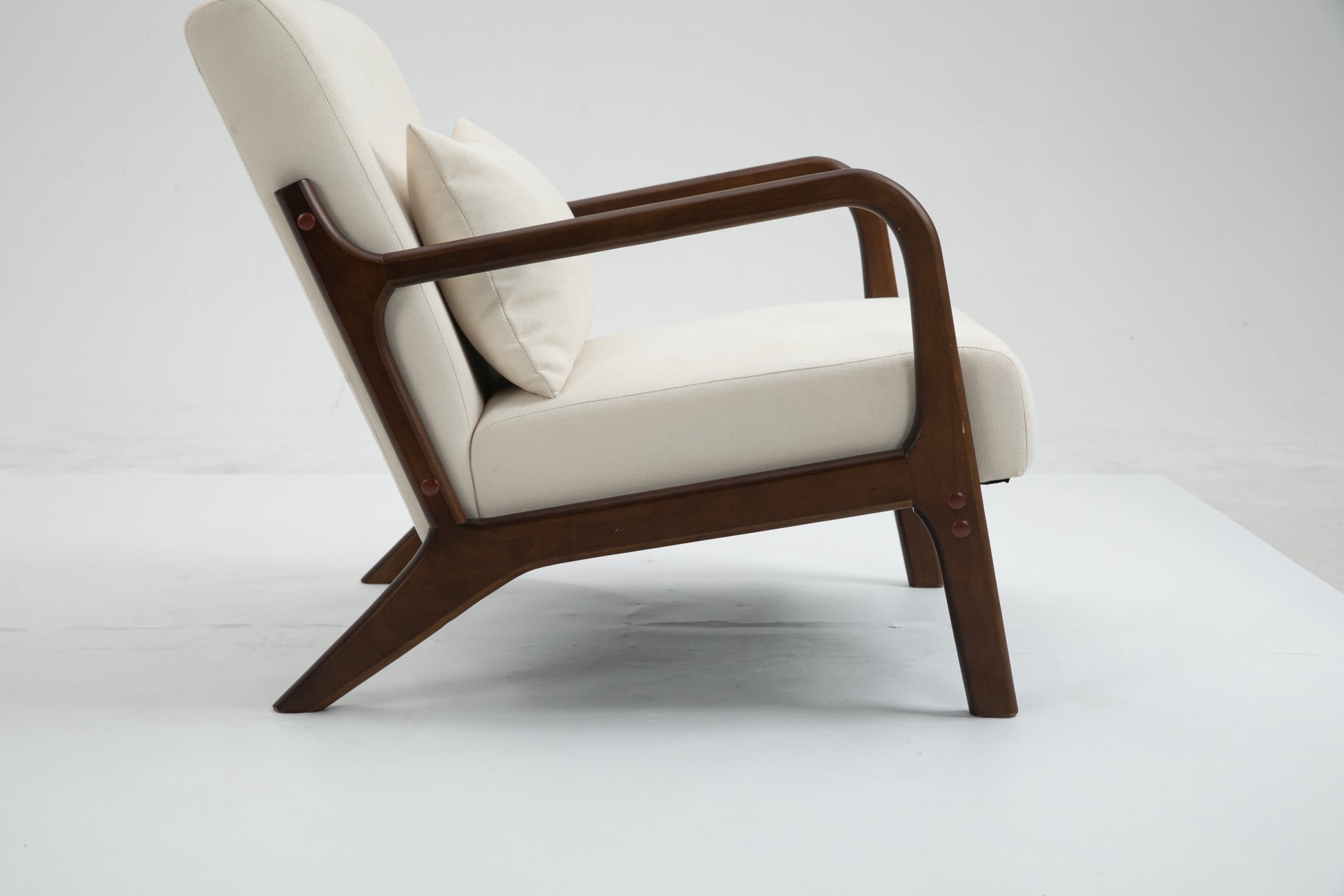 Mid Century Modern Accent Chair With Wood Frame, Upholstered Living Room Chairs With Waist Cushion, Reading Armchair For Bedroom Sunroom White Cotton Velvet