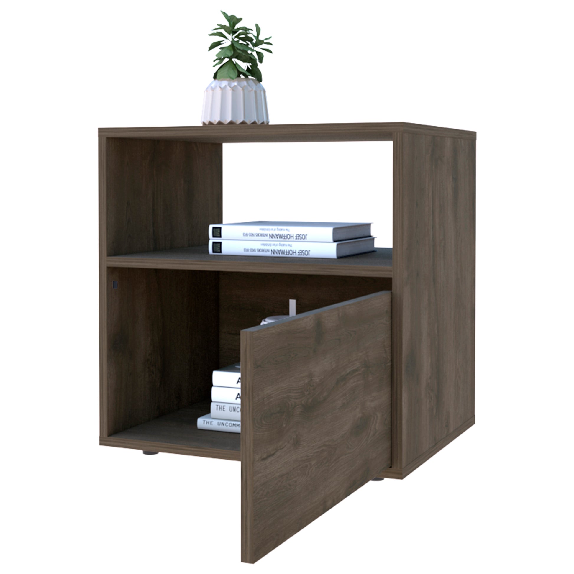 Nightstand Forum, One Open Shelf, One Cabinet, Dark Brown Black Wengue Finish Multicolor Particle Board