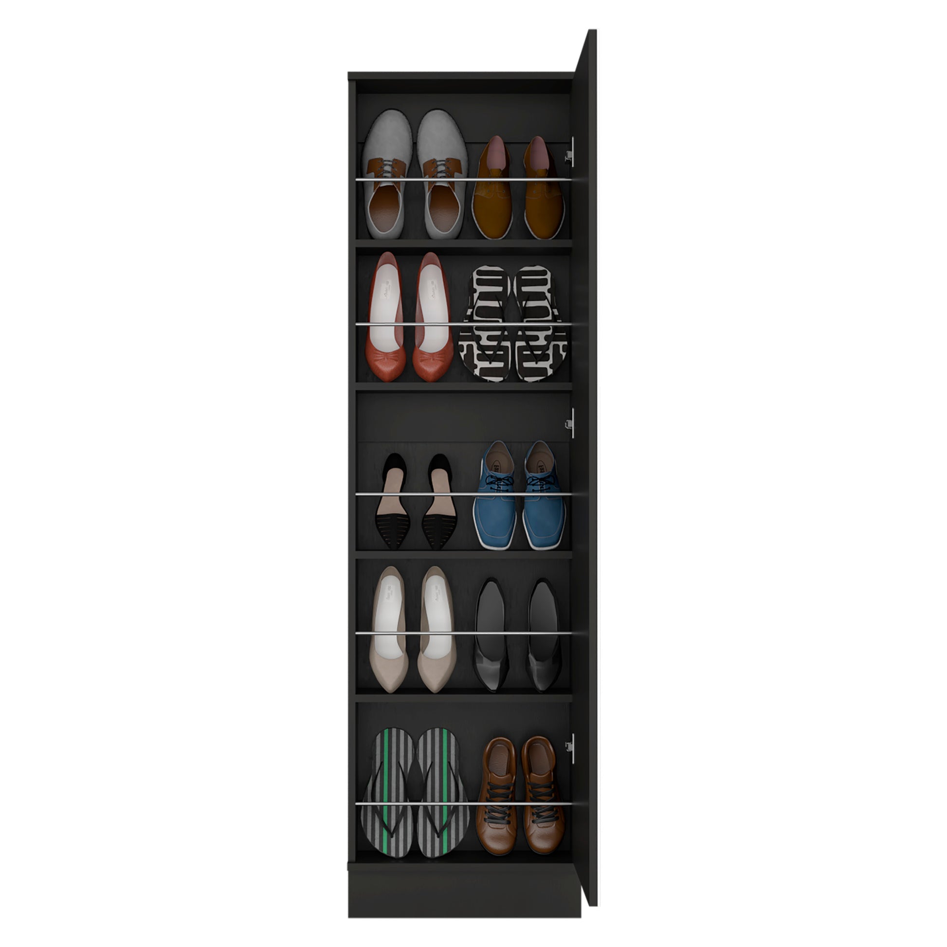 Shoe Rack Chimg, Mirror, Five Interior Shelves, Single Door Cabinet, Black Wengue Finish Black Particle Board