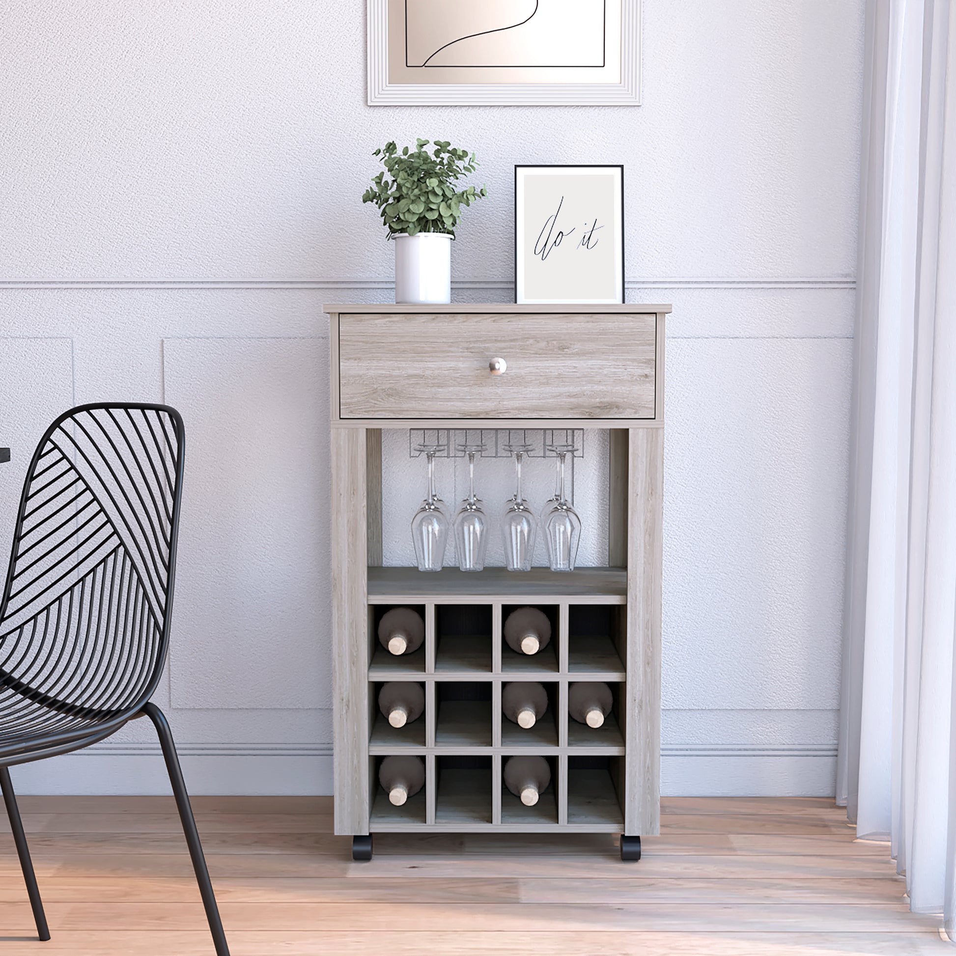 Bar Cart Bayamon, Twelve Wine Cubbies, Four Legs, Light Gray Finish Light Gray Particle Board