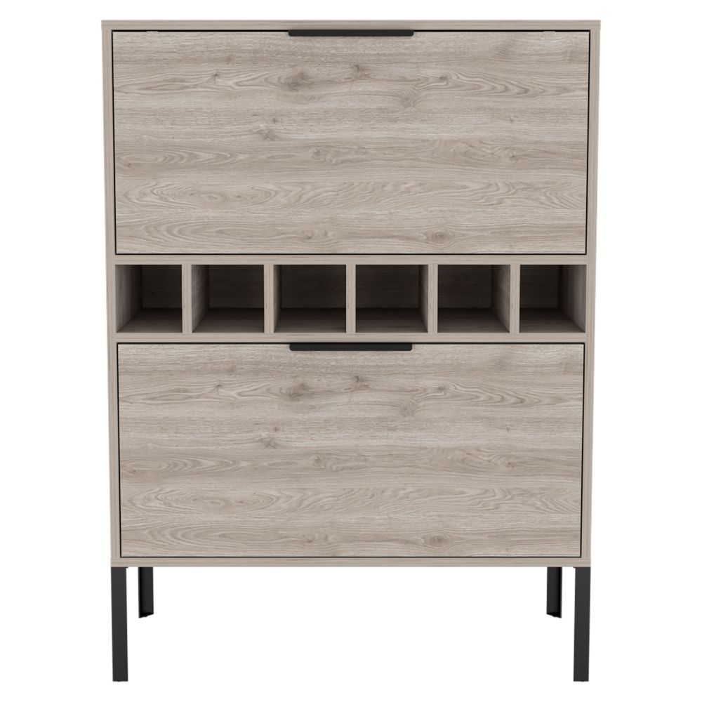 Bar Cabinet Puertu, Six Wine Cubbies, Double Door Cabinet, Light Gray Finish Light Gray Particle Board
