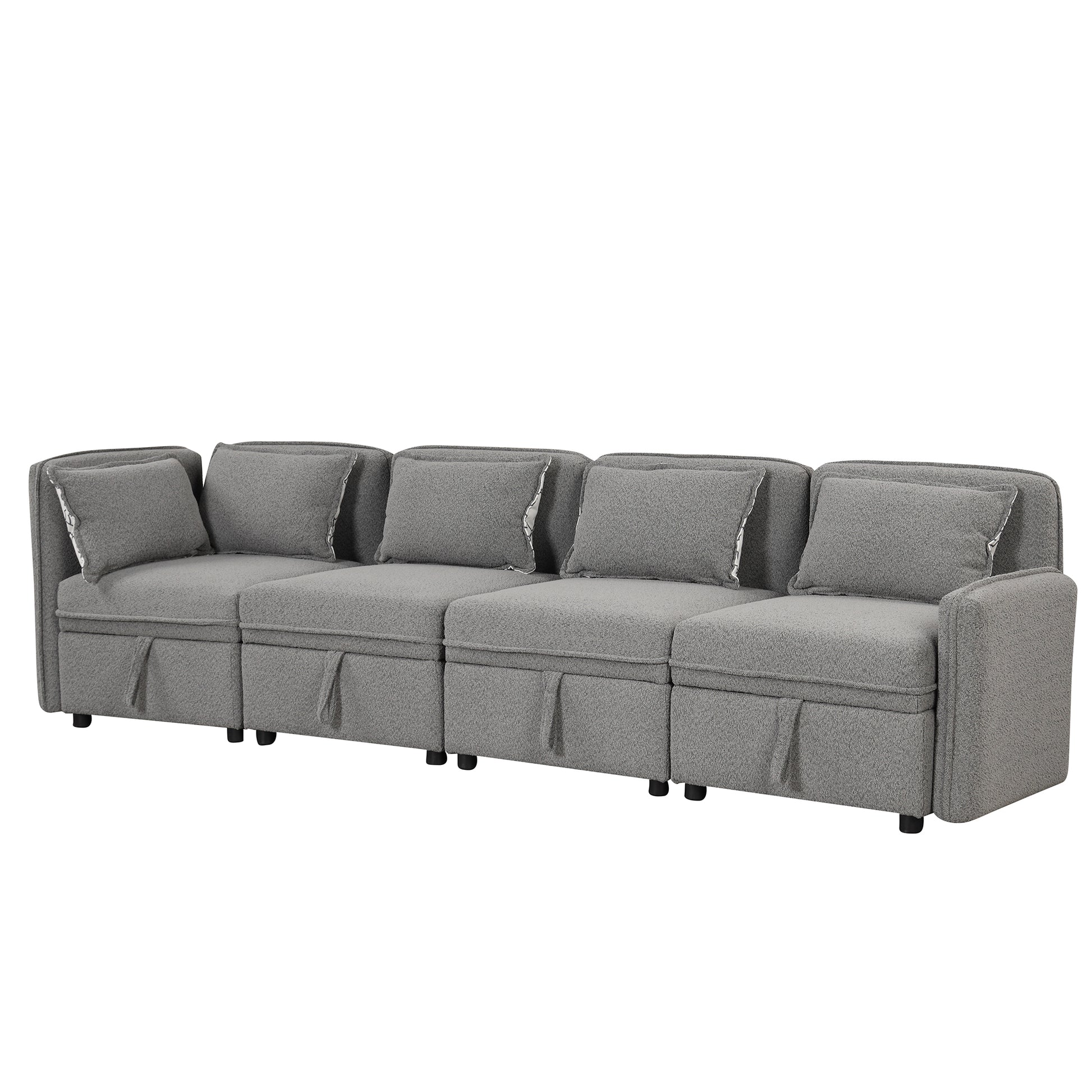 122.8" Convertible Modular Minimalist Sofa Free Combination 4 Seater Sofa Chenille Fabric Sectional Sofa With 5 Pillows For Living Room, Office, Apartment, Small Space, Gray Gray Foam Chenille 4 Seat