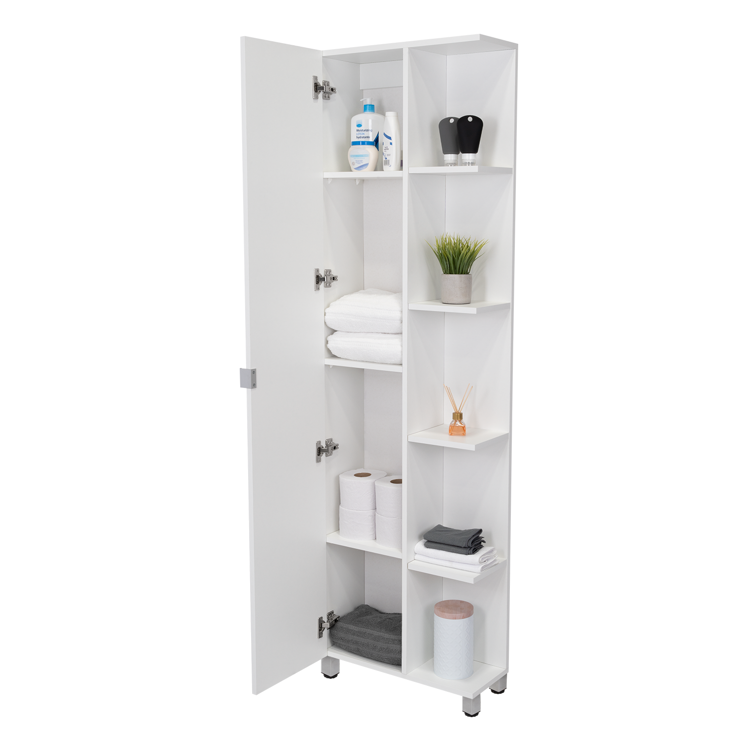 Corner Cabinet Womppi, Five Open Shelves, Single Door, White Finish White Particle Board