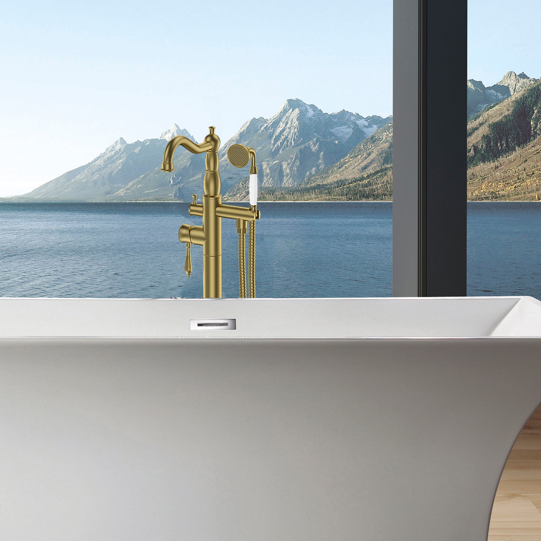 Freestanding Bathtub Faucet With Hand Shower Brushed Gold Metal