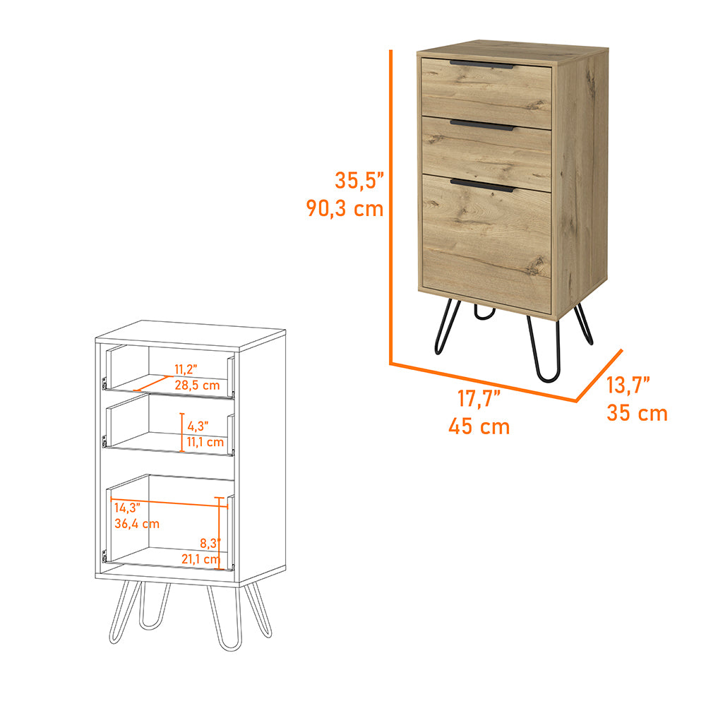 Light Dresser Skyoner, Hairpin Legs, Superior Top,Three Drawers, Light Oak Finish Light Oak Particle Board