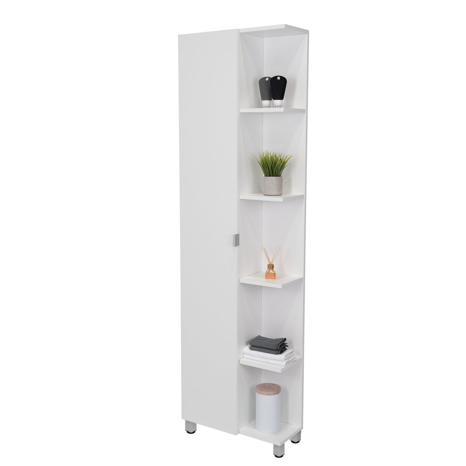 Corner Cabinet Womppi, Five Open Shelves, Single Door, White Finish White Particle Board