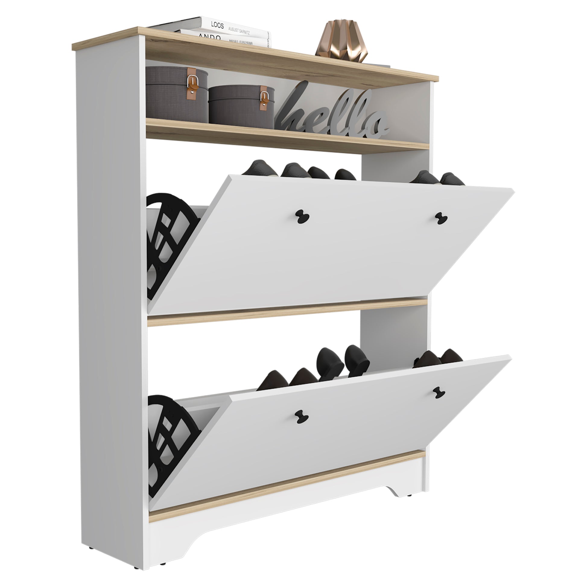 Shoe Rack Dublin, One Open Shelf, Two Extendable Cabinets, Light Oak White Finish Light Oak Particle Board