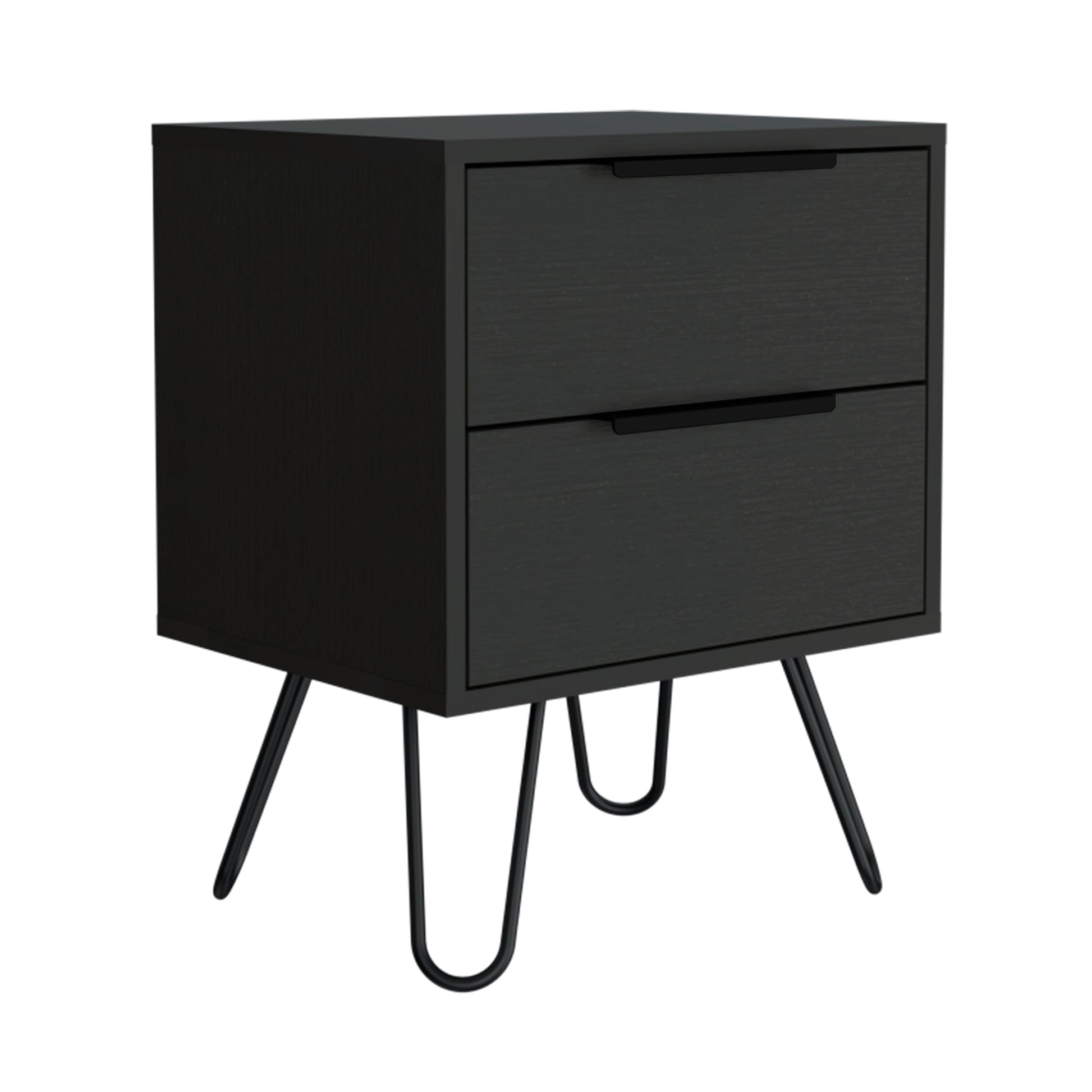 Nightstand Skyoner 2, Harpin Legs, Two Drawers, Black Wengue Finish Black Particle Board