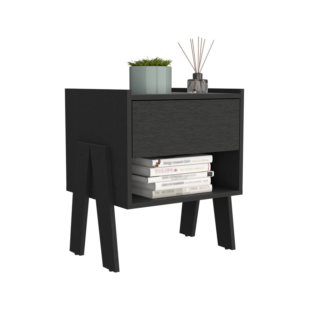 Nightstand Ferku, Open Shelf, One Drawer, Black Wengue Finish Black Particle Board