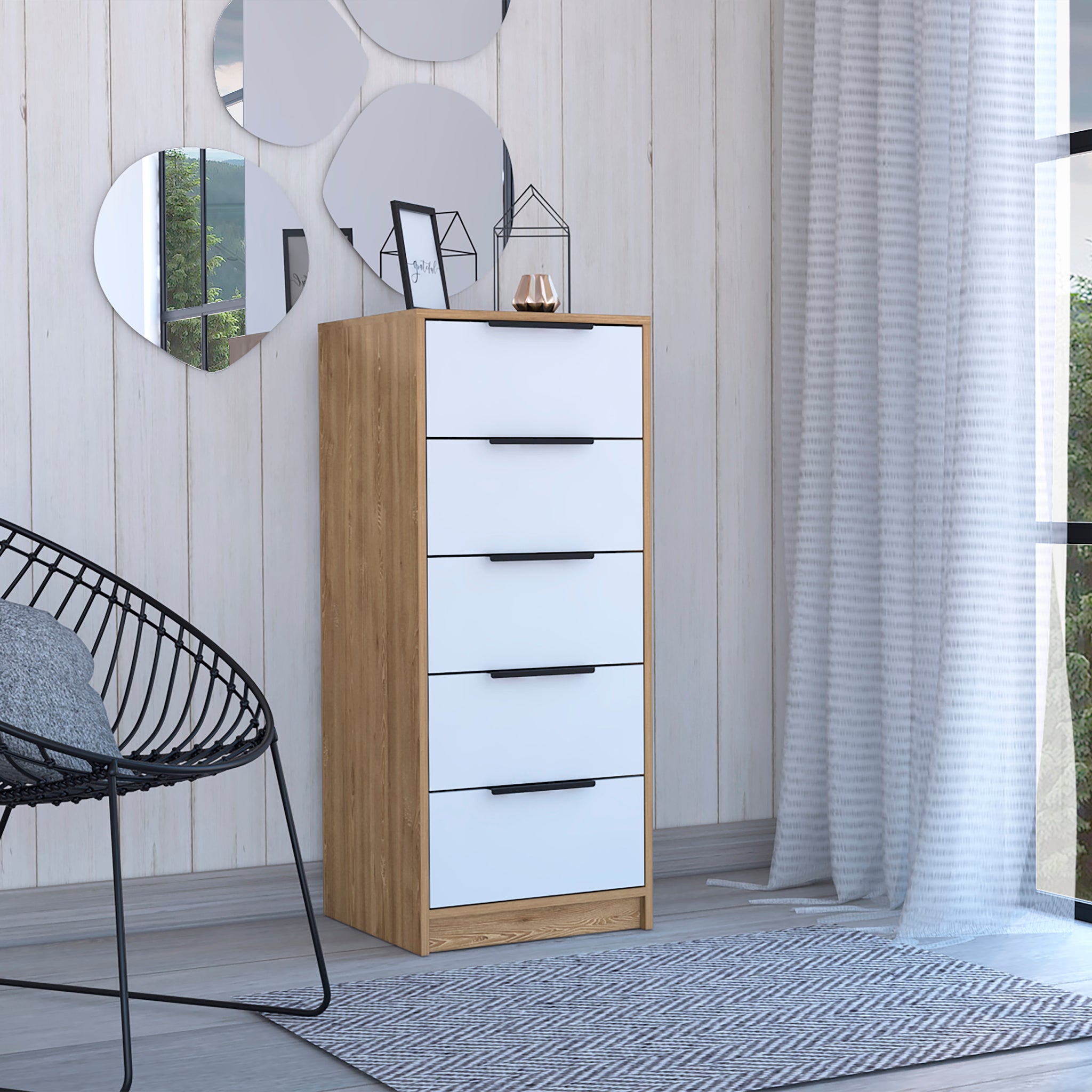 5 Drawers Dresser Maryland, Metal Handle, White Pine Finish Multicolor