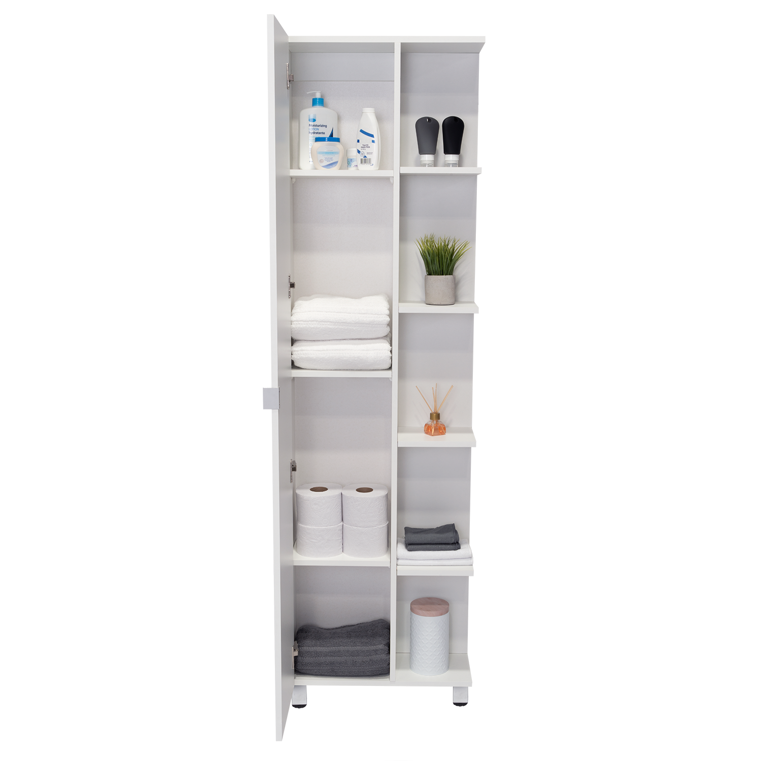 Corner Cabinet Womppi, Five Open Shelves, Single Door, White Finish White Particle Board