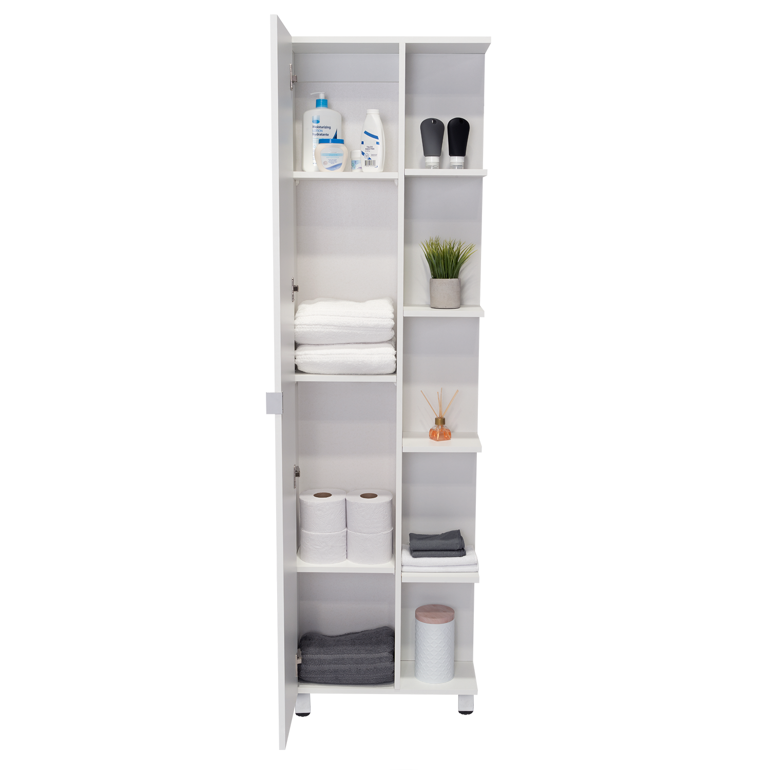 Corner Cabinet Womppi, Five Open Shelves, Single Door