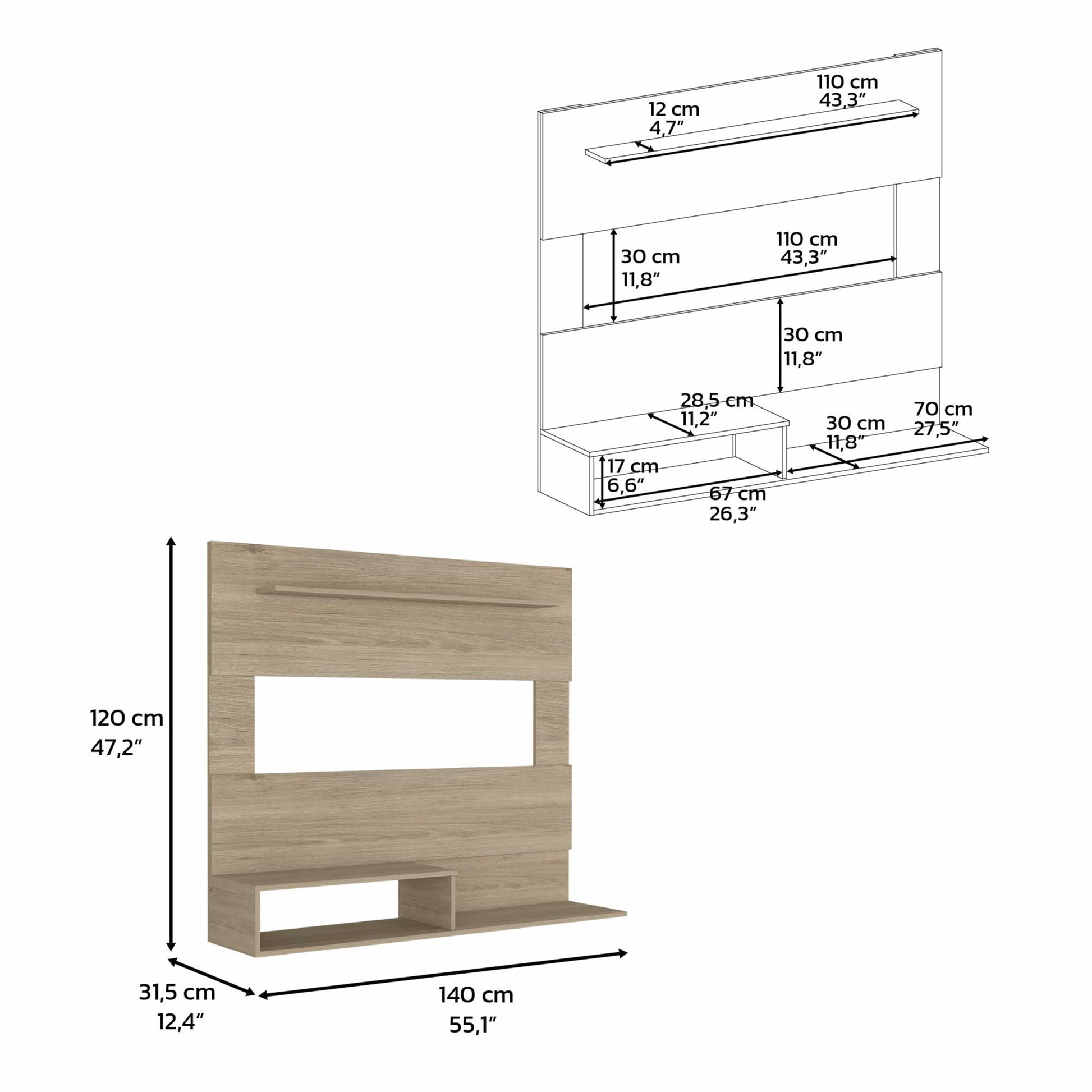 Floating Entertainment Center Albuquerque, Space For The Tv S Up 55", Light Pine Finish Beige 50 59 Inches Particle Board