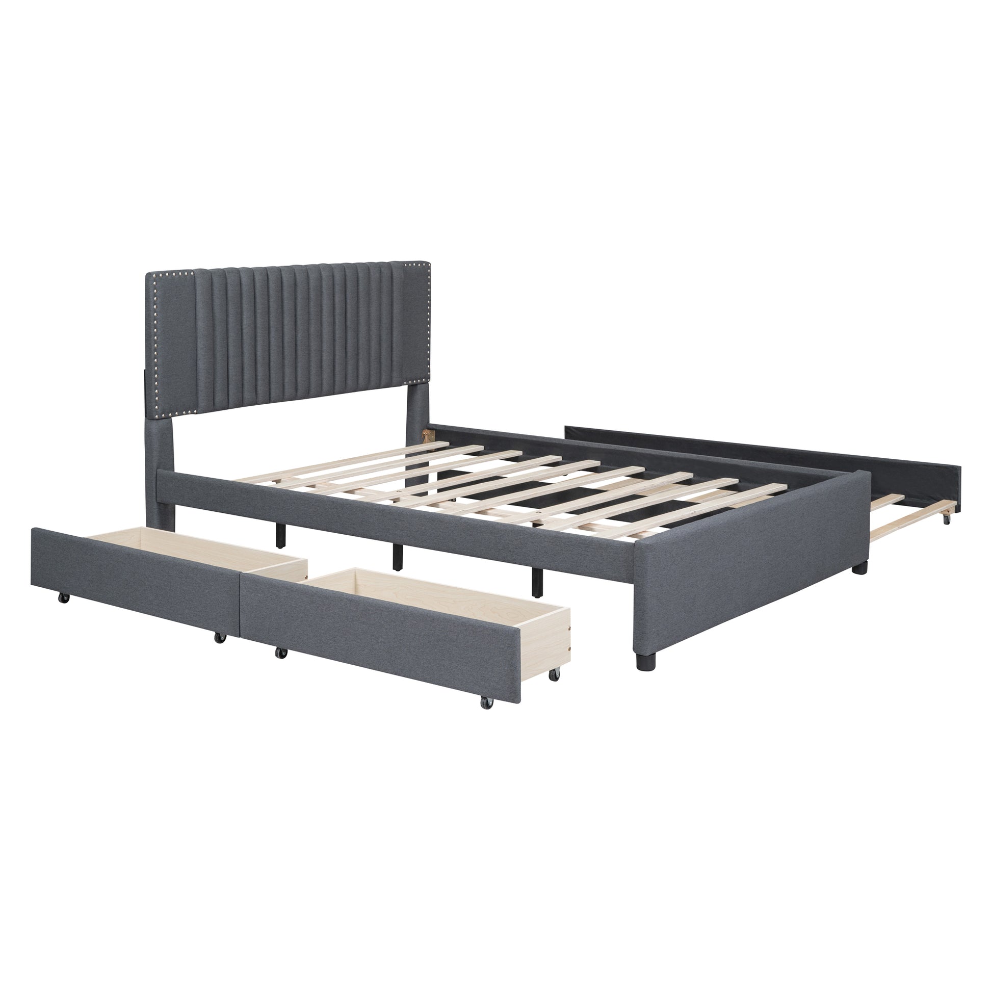 Queen Size Upholstered Platform Bed With 2 Drawers And 1 Twin Xl Trundle, Classic Headboard Design, Gray Gray Linen