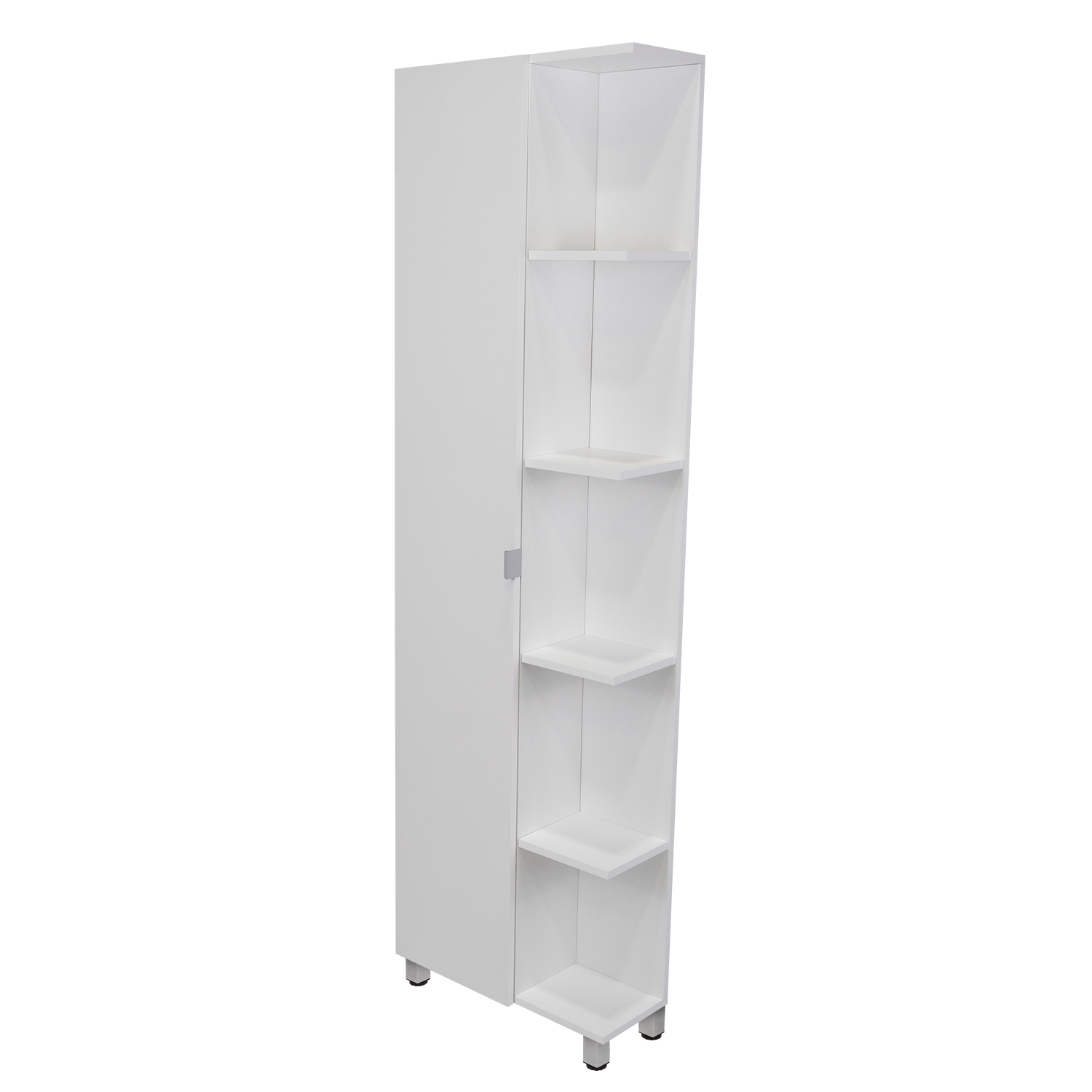 Corner Cabinet Womppi, Five Open Shelves, Single Door, White Finish White Particle Board