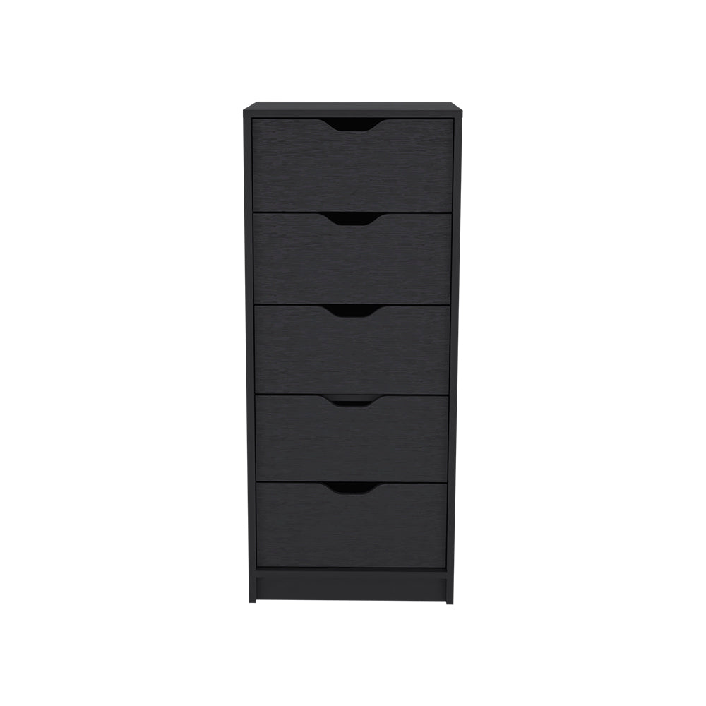 Dresser Kamran, Five Drawers Narrow, Black Wengue Finish Black Particle Board