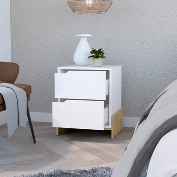 Nightstand Brookland, Bedside Table With Double Drawers And Sturdy Base, White Macadamia Finish Multicolor Particle Board